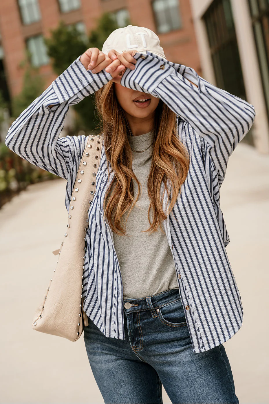 Kyla Blue Striped Long Sleeve Button-Up Top - Image 3