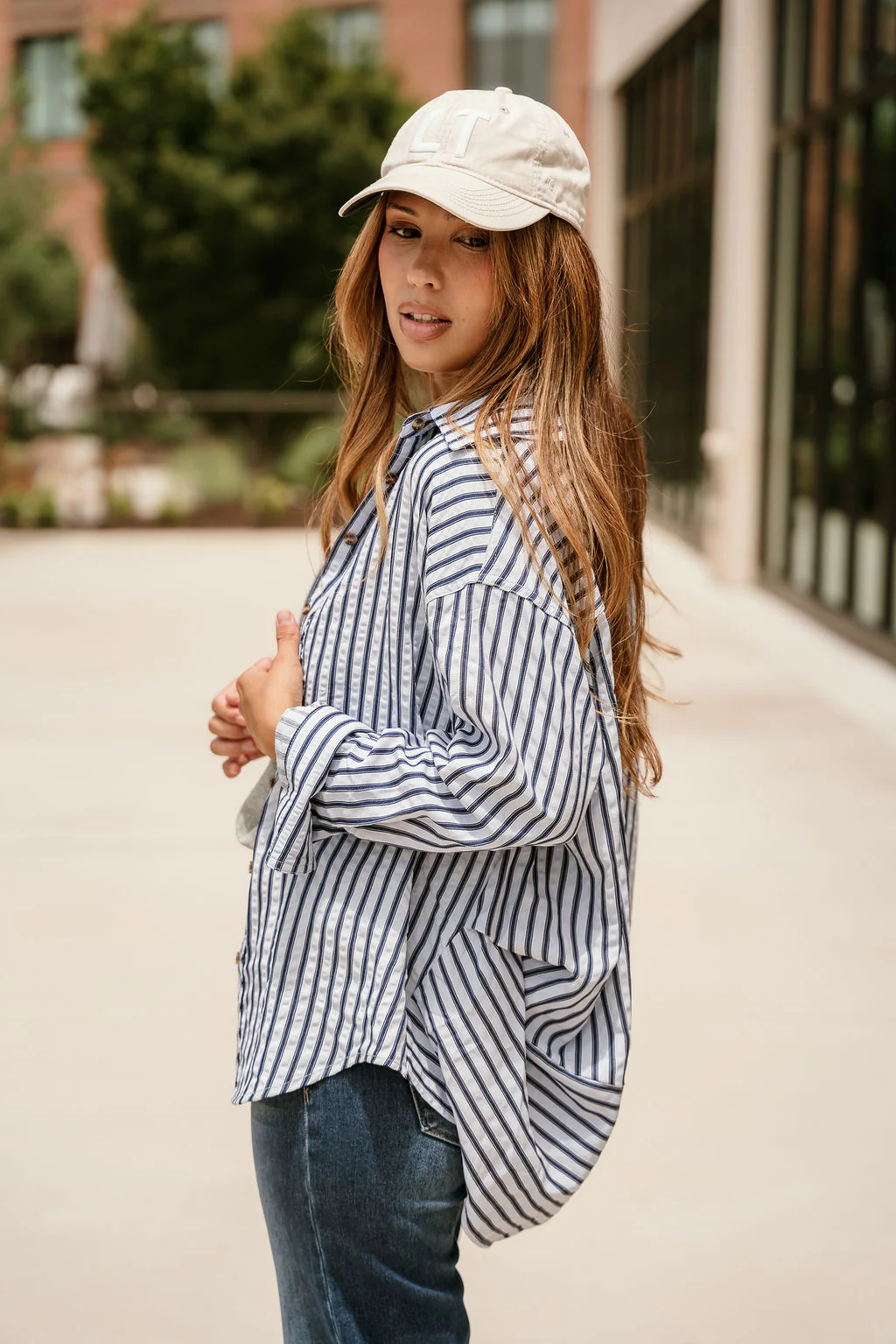 Kyla Blue Striped Long Sleeve Button-Up Top - Image 6