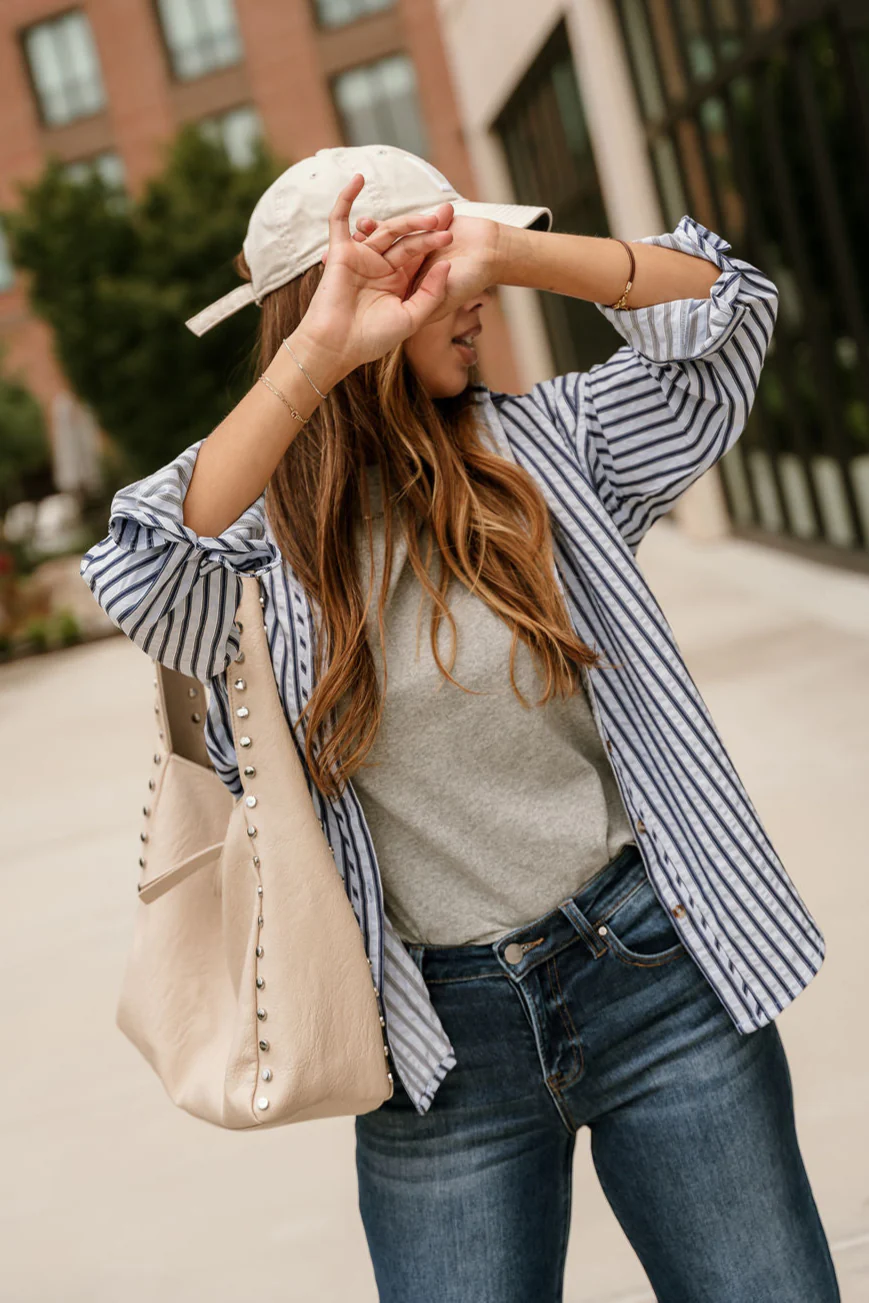 Kyla Blue Striped Long Sleeve Button-Up Top - Image 7