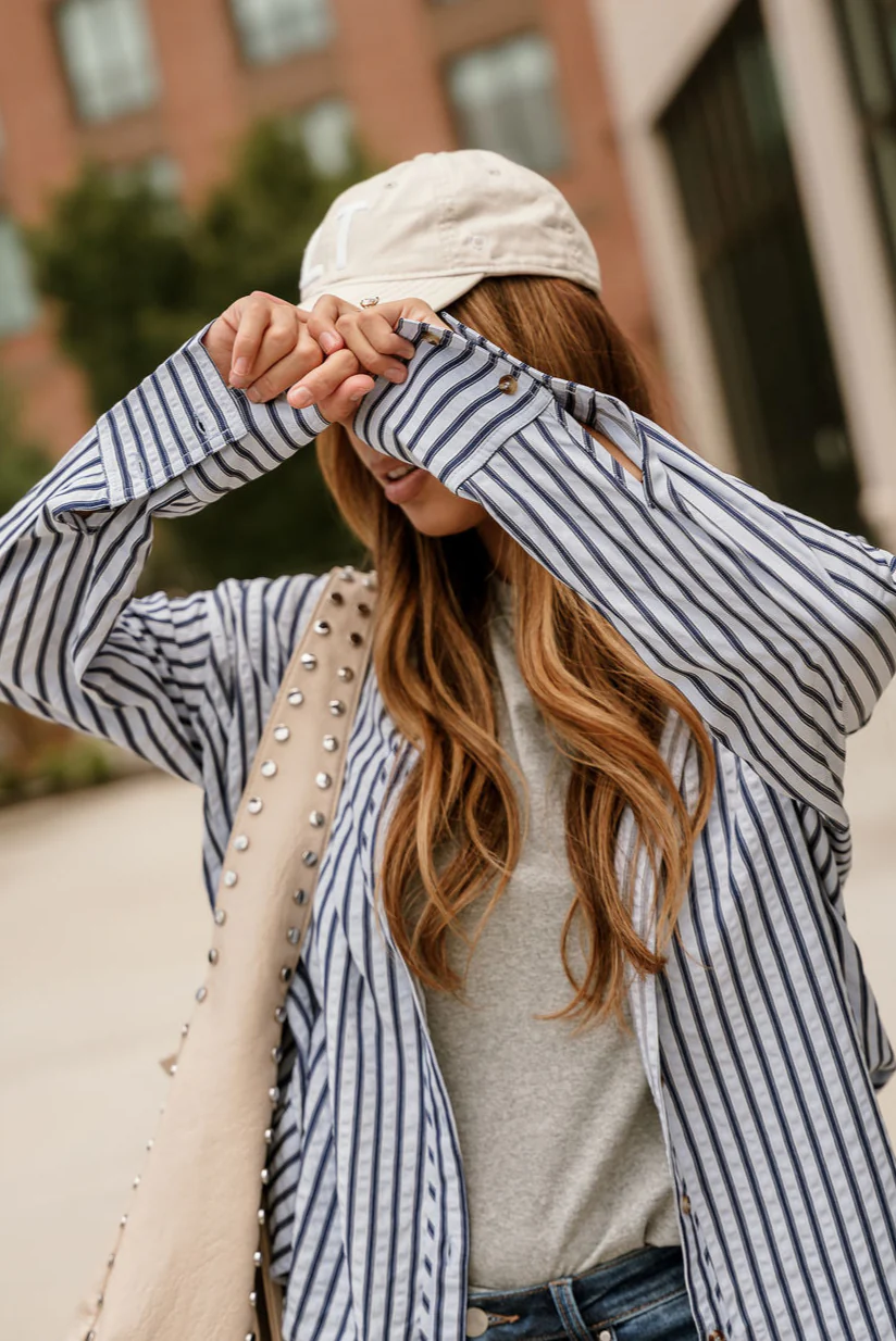 Kyla Blue Striped Long Sleeve Button-Up Top - Image 8