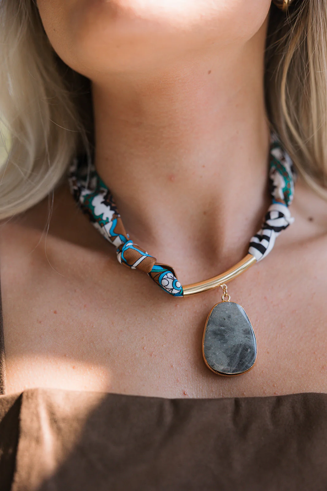 Kylah White Multi & Grey Stone Scarf Necklace