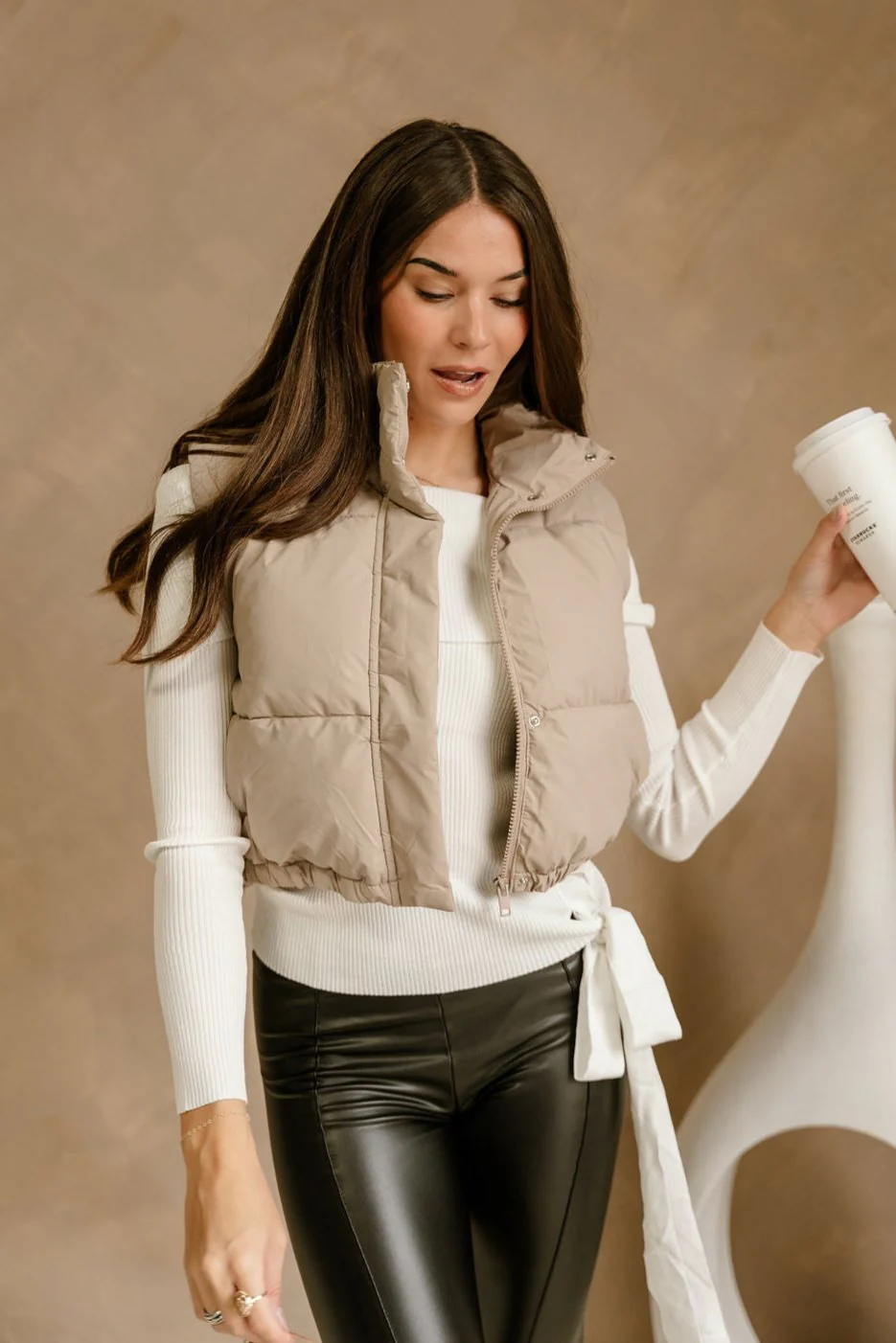 Kyle Taupe Faux Leather Puffer Vest