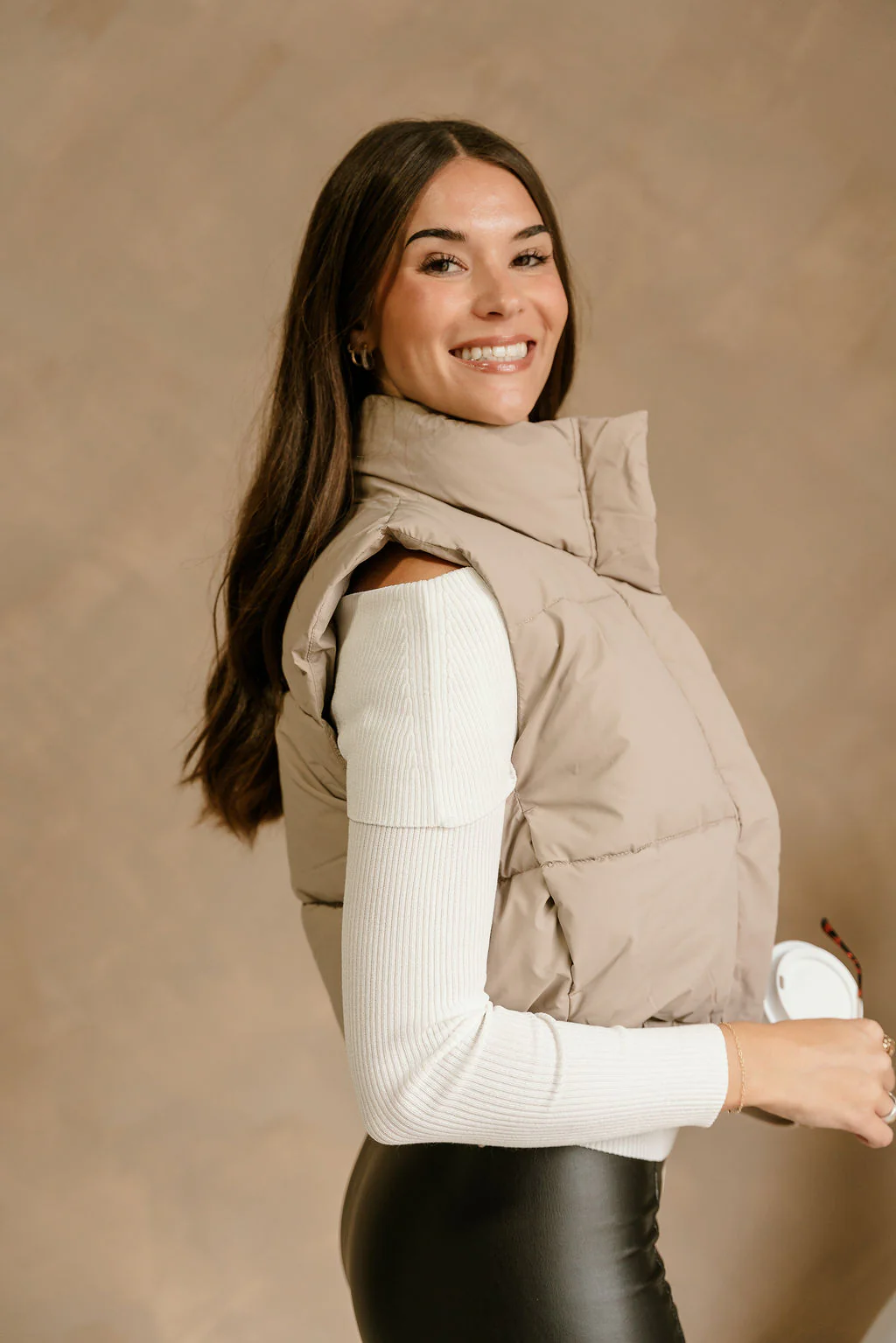 Kyle Taupe Faux Leather Puffer Vest - Image 5