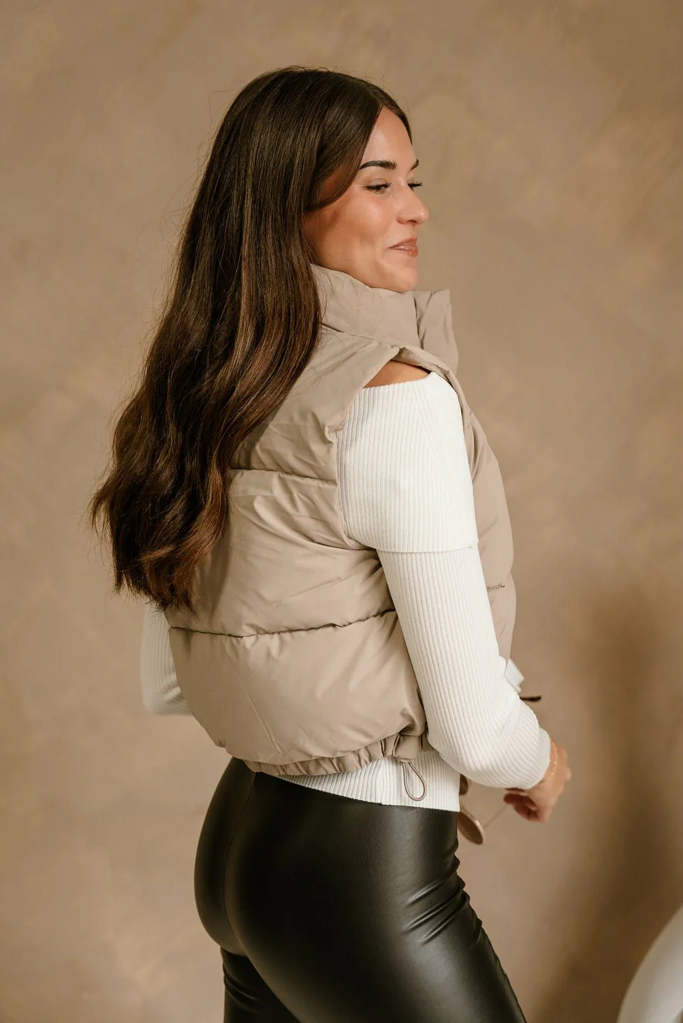 Kyle Taupe Faux Leather Puffer Vest - Image 6
