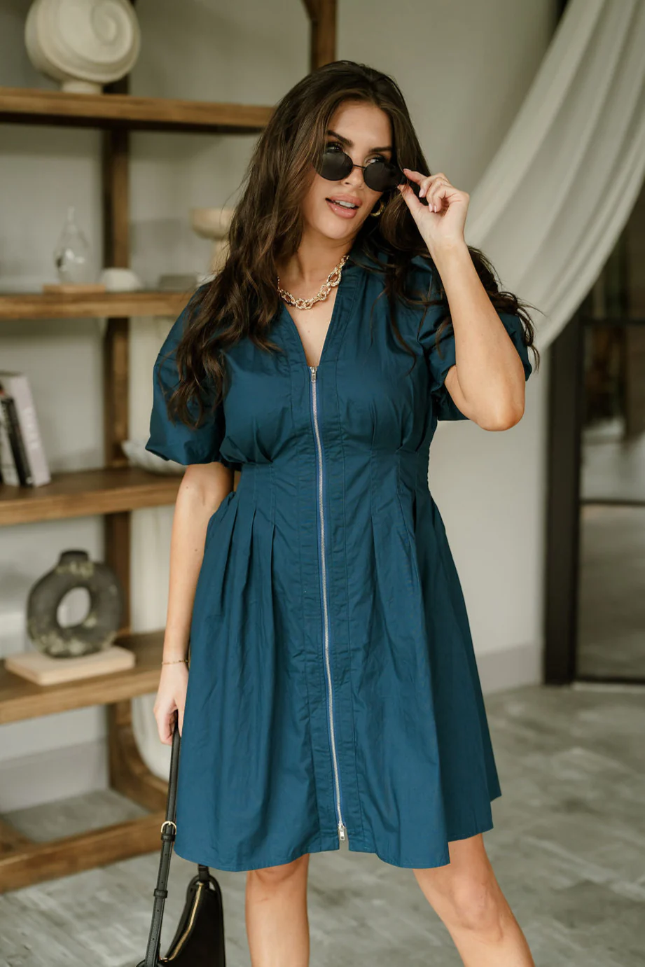 Kyleigh Teal Zip-Up Short Sleeve Mini Dress - Image 3