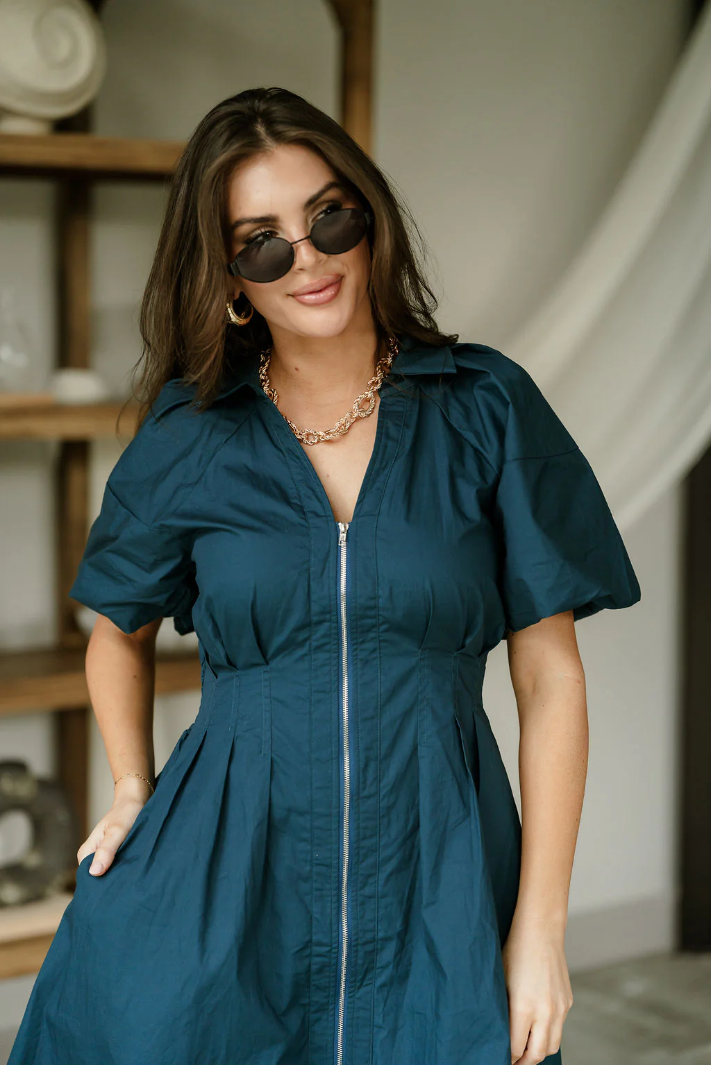 Kyleigh Teal Zip-Up Short Sleeve Mini Dress - Image 4