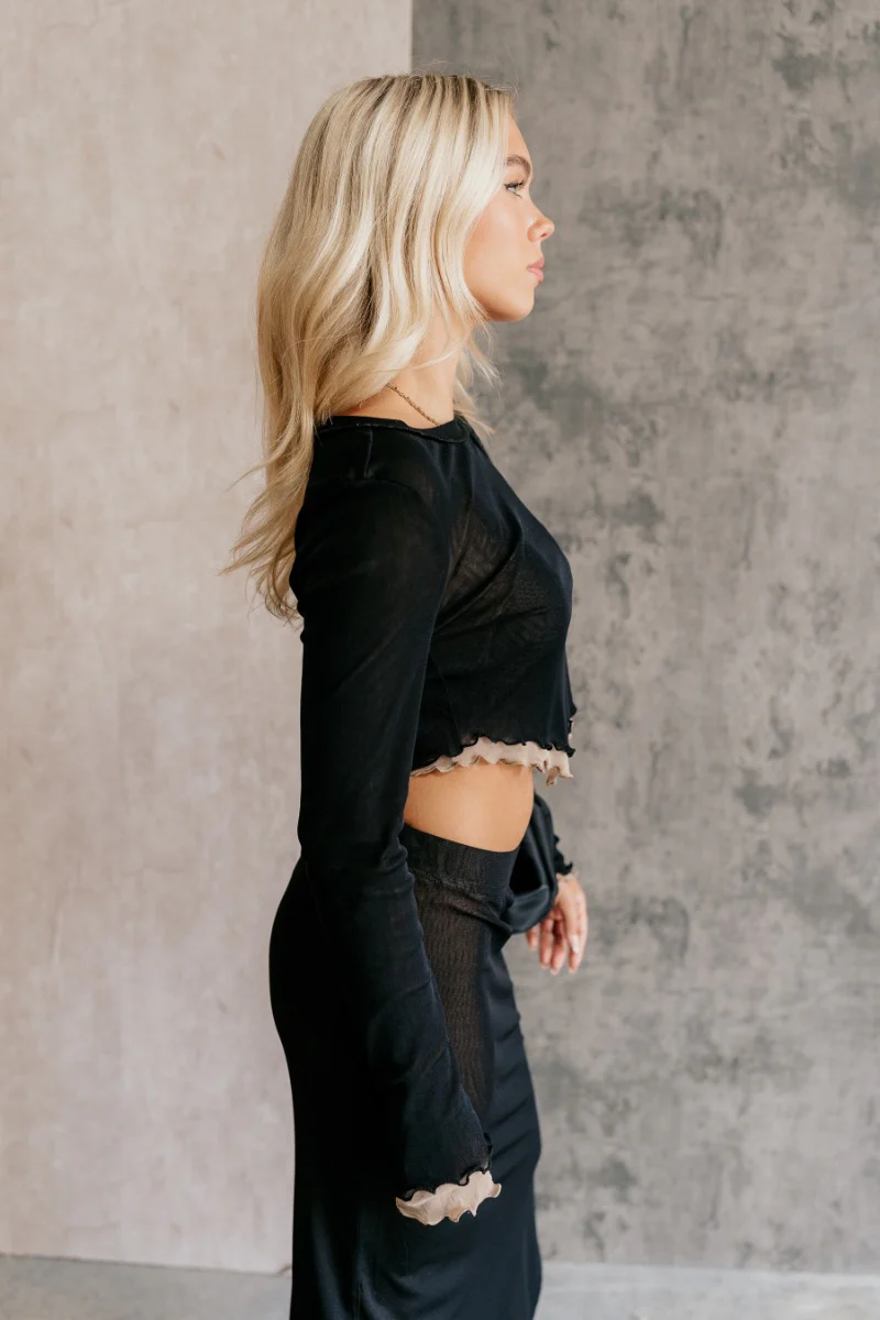 Kylie Black & Taupe Mesh Long Sleeve Top - Image 3