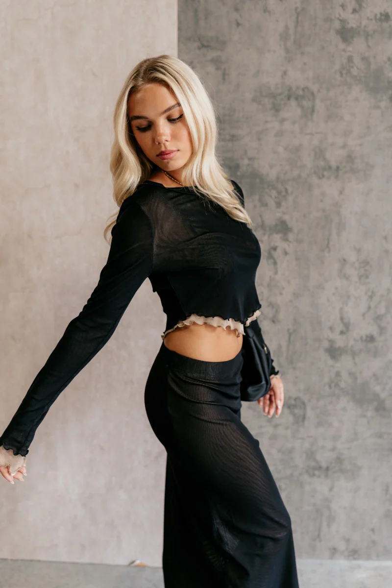 Kylie Black & Taupe Mesh Long Sleeve Top - Image 4