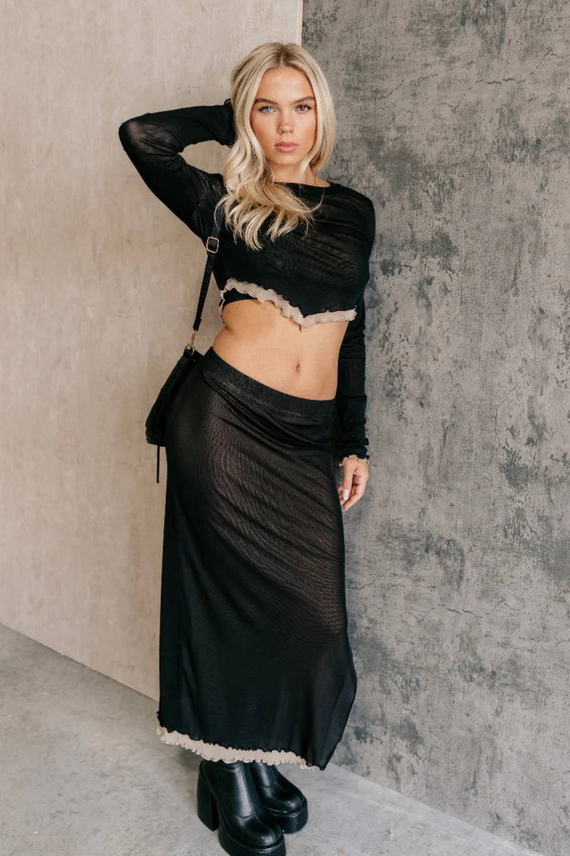 Kylie Black & Taupe Mesh Long Sleeve Top - Image 6