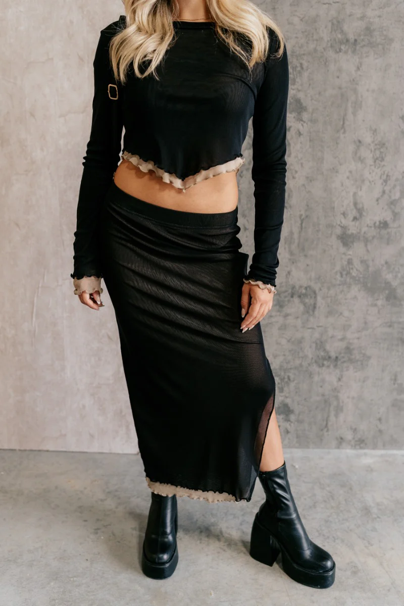 Kylie Black & Taupe Mesh Midi Skirt - Image 2
