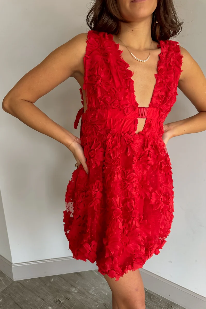 Lacy Red Floral Sleeveless Mini Dress - Image 5