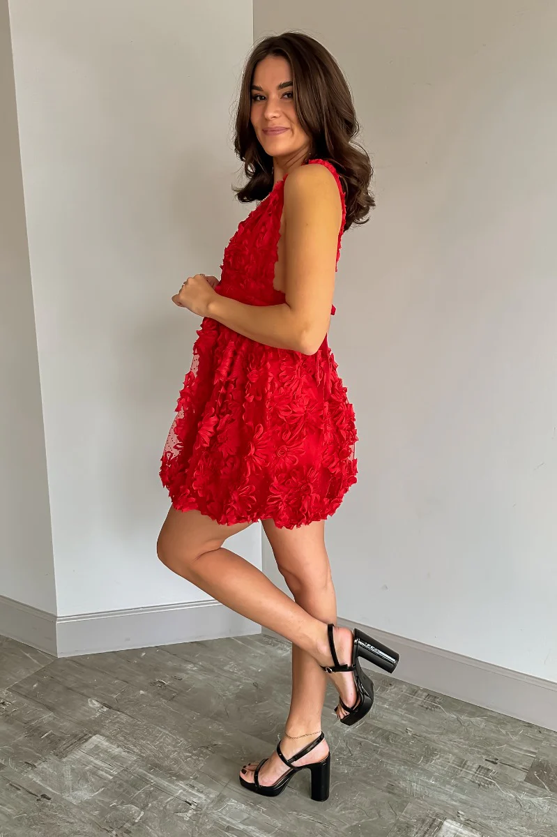Lacy Red Floral Sleeveless Mini Dress - Image 7