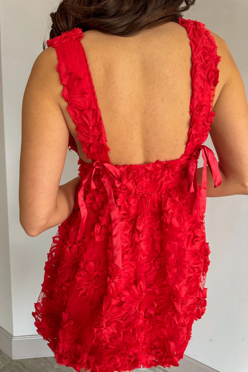 Lacy Red Floral Sleeveless Mini Dress - Image 8