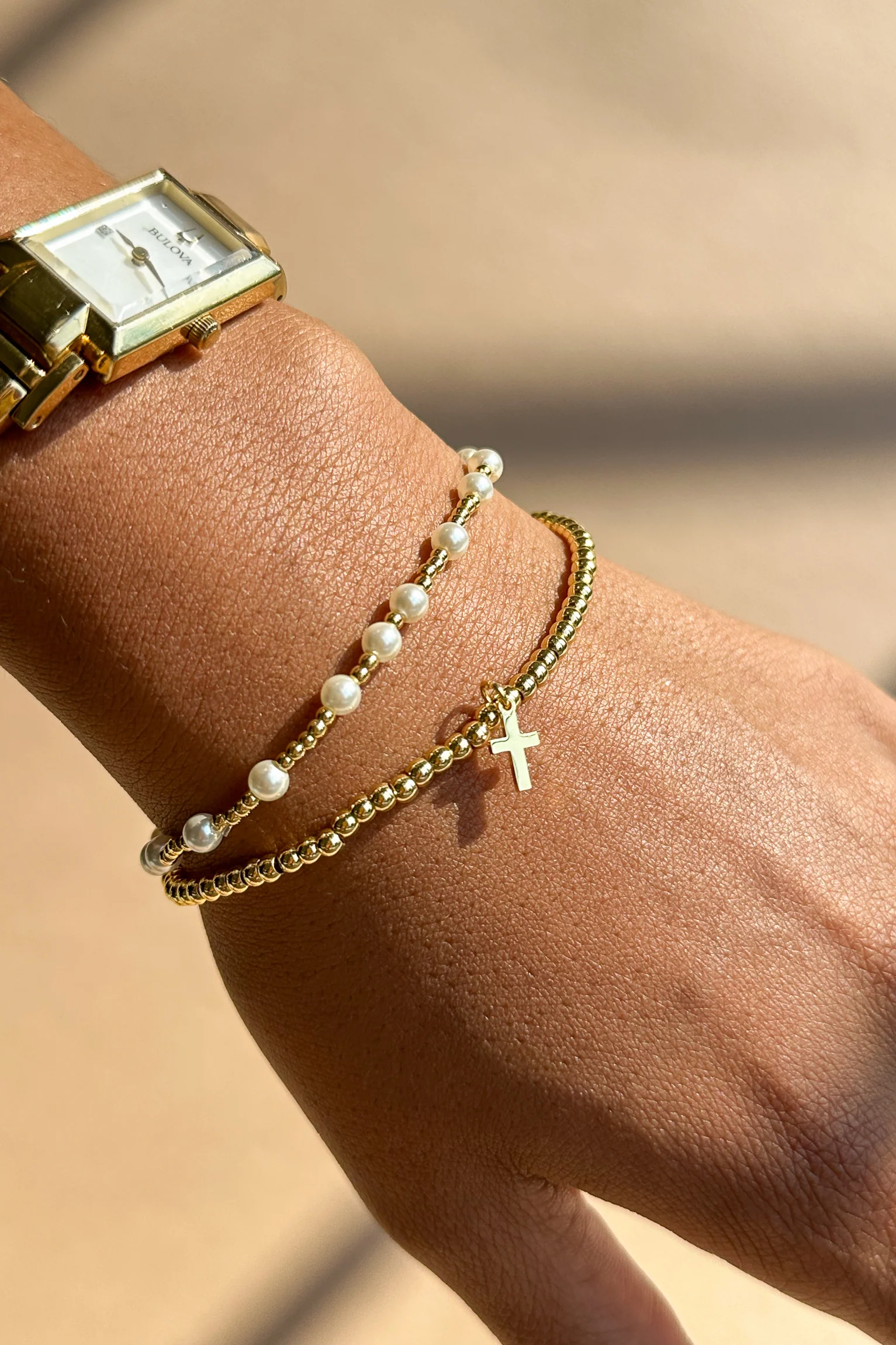 Laila Pearl & Gold Beaded Cross Bracelet Set - Image 2