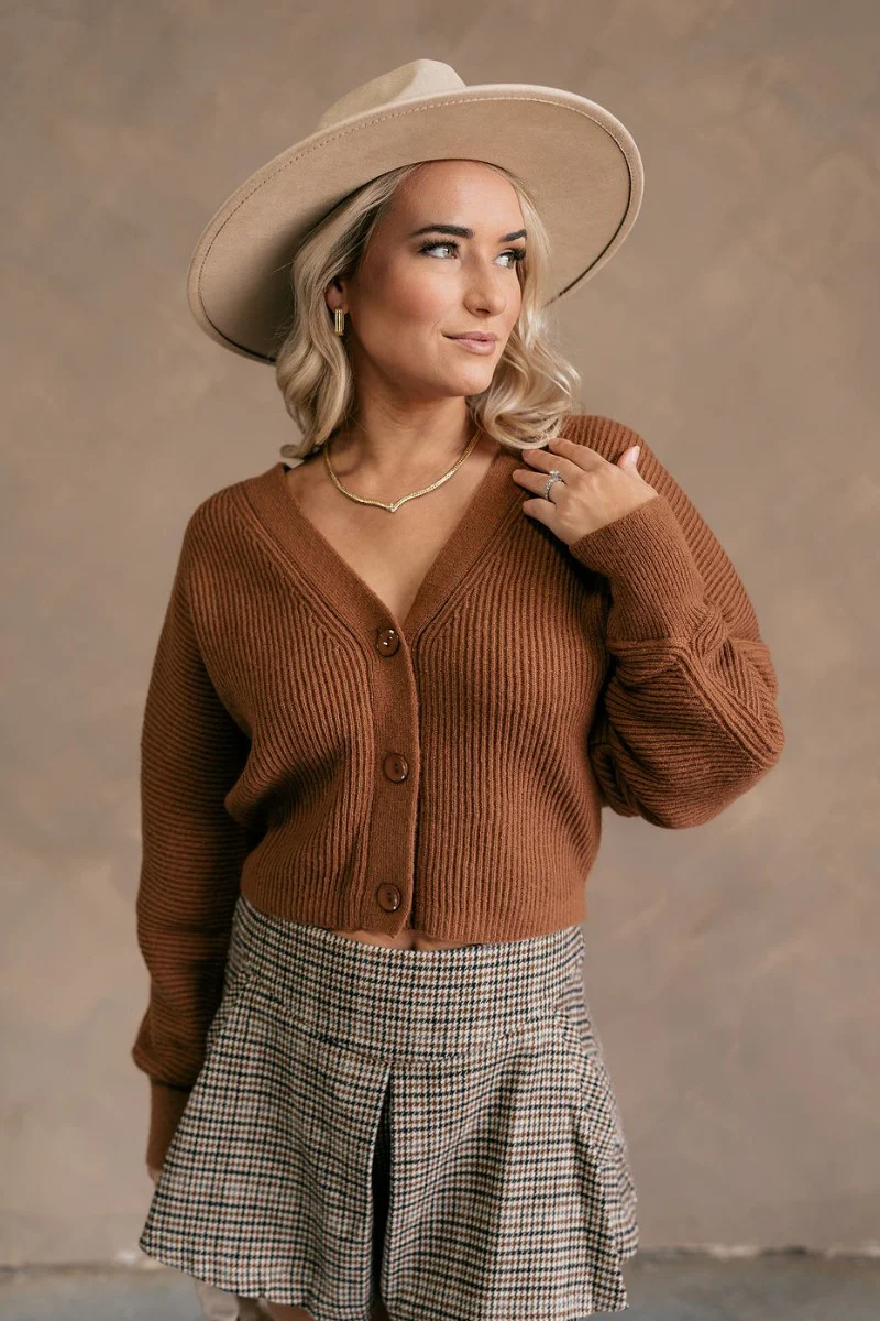 Lana Brown Ribbed Cropped Cardigan