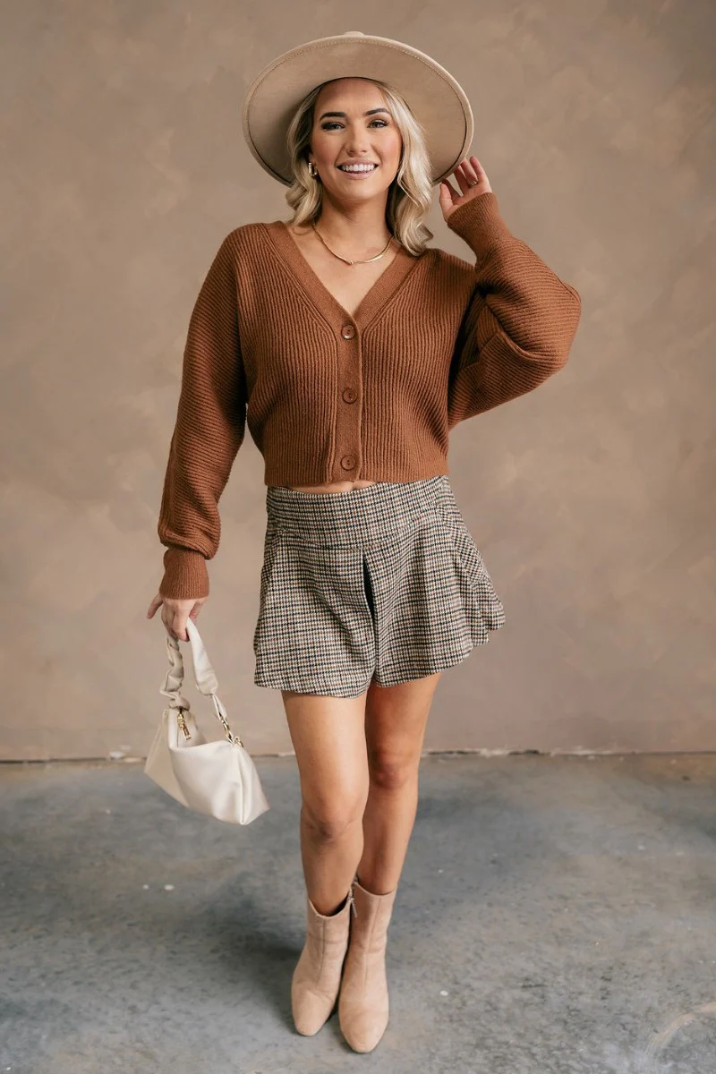 Lana Brown Ribbed Cropped Cardigan - Image 2