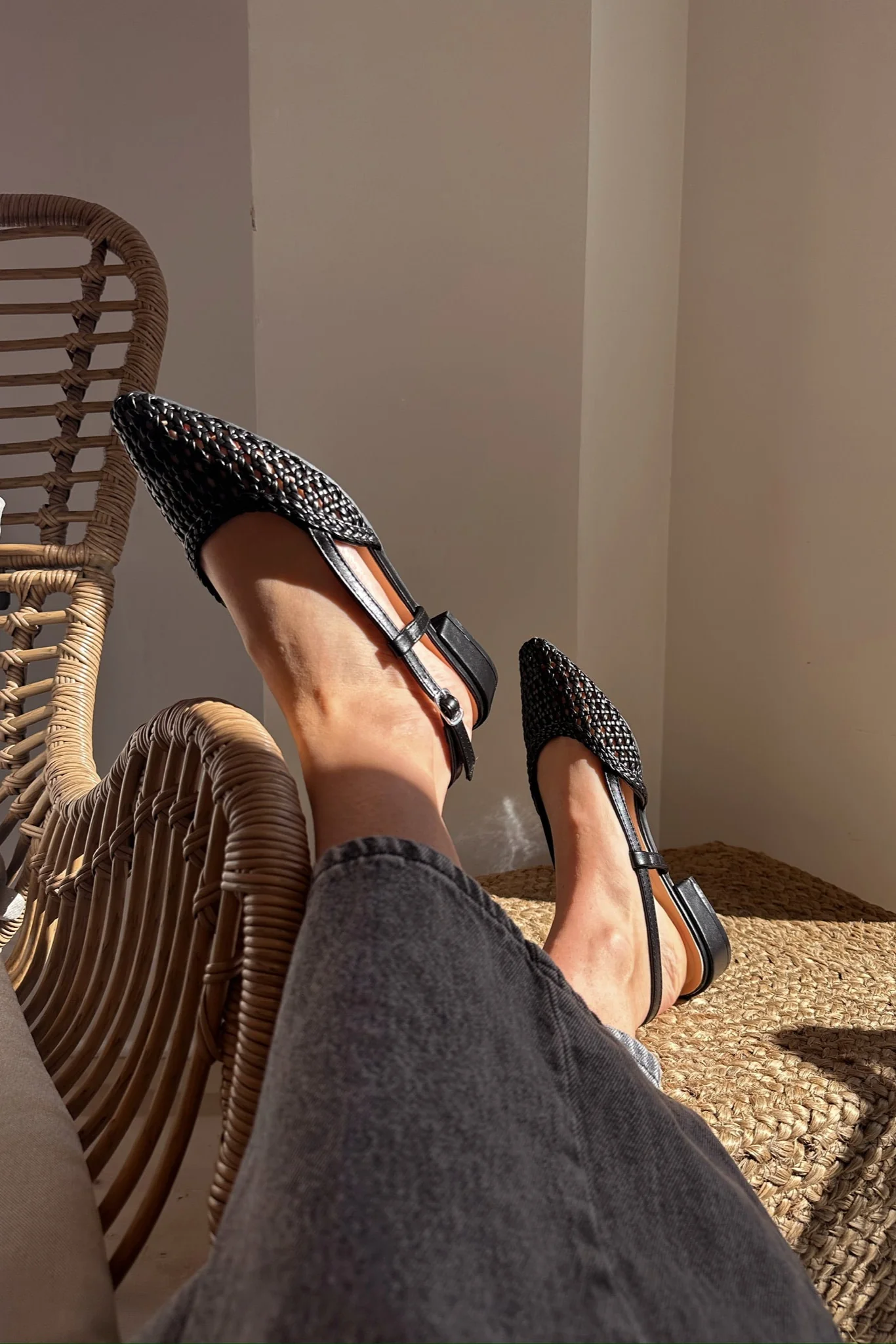 Laura Black Woven Pointed Toe Slingback Mule