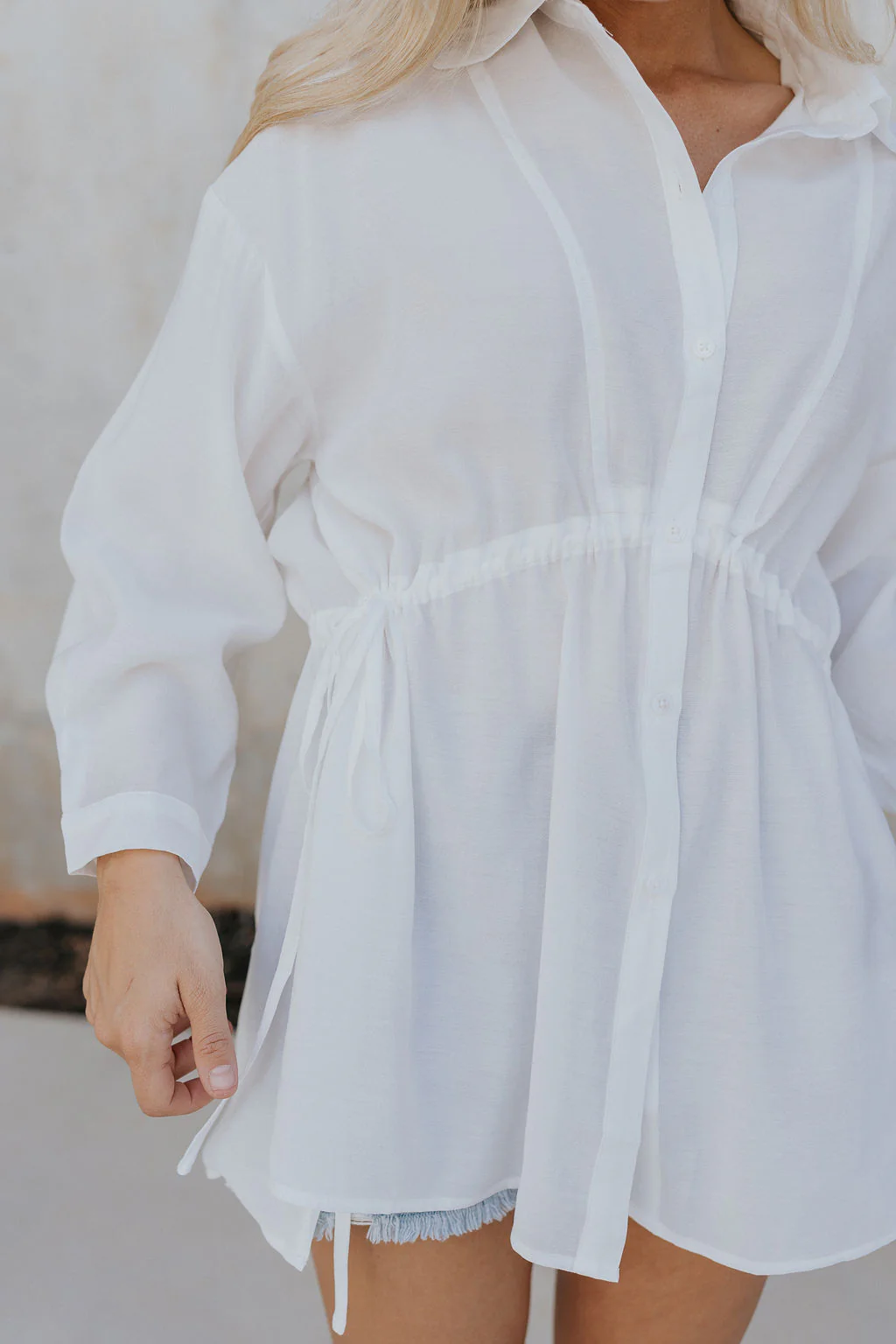 Laura Off White Drawstring Cinched Long Sleeve Top - Image 3
