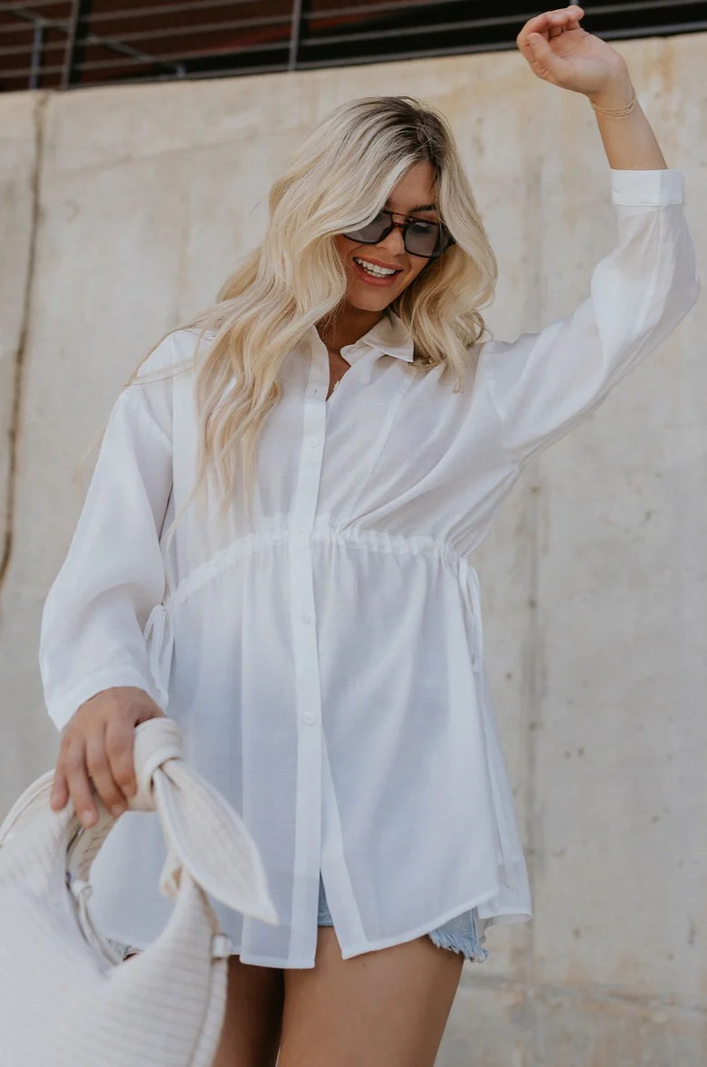Laura Off White Drawstring Cinched Long Sleeve Top - Image 5