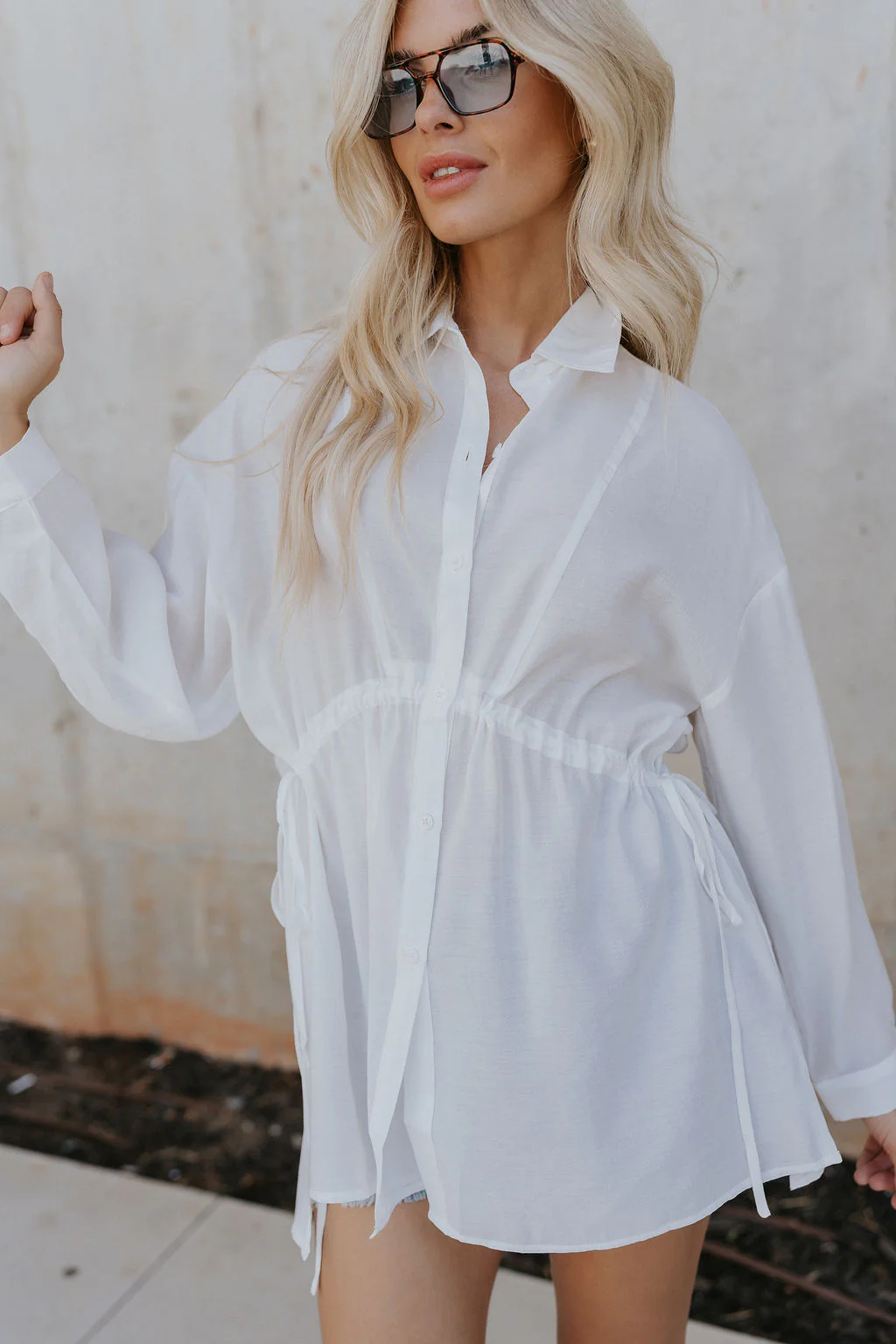 Laura Off White Drawstring Cinched Long Sleeve Top - Image 7