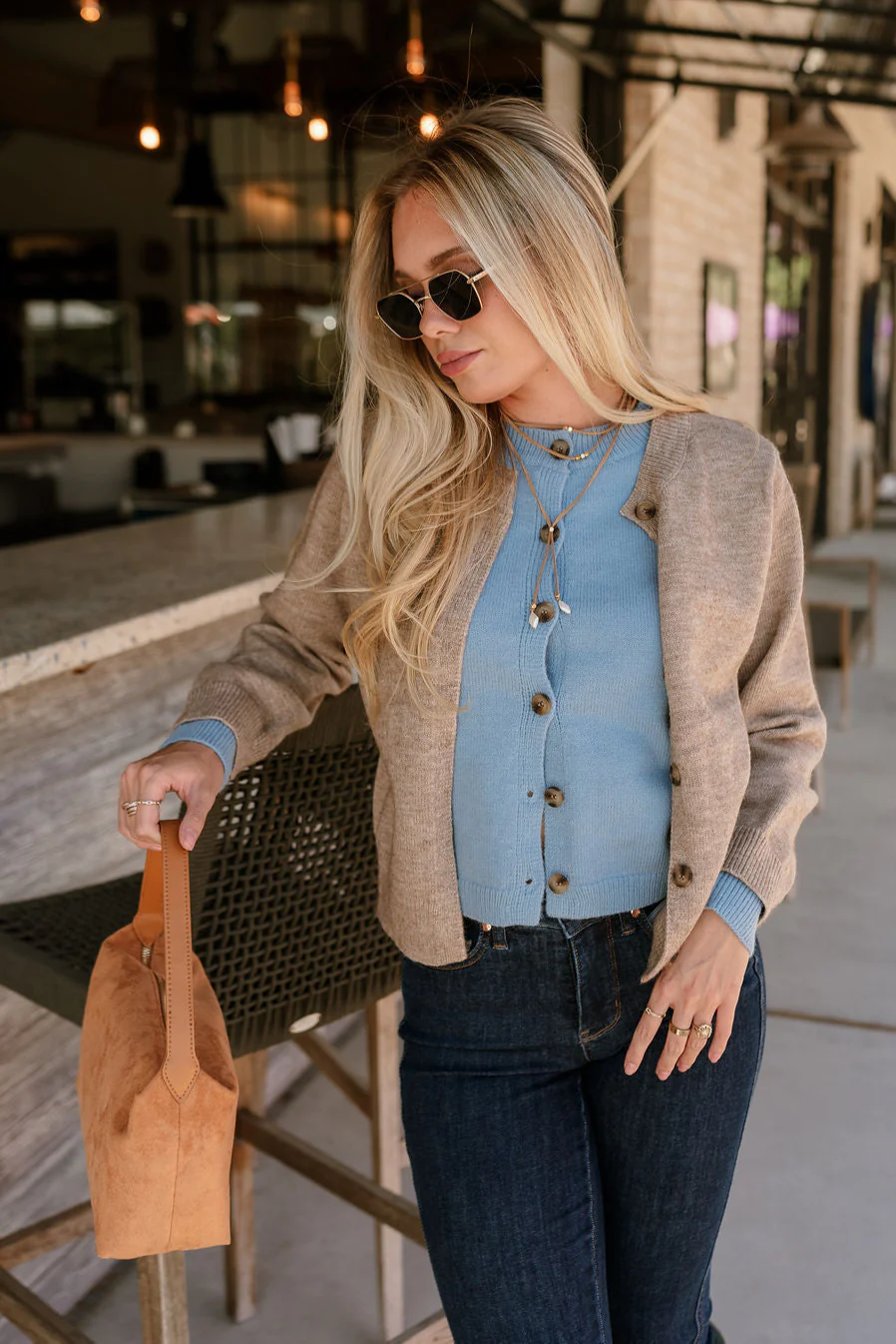Lauren Beige & Light Blue Button-Up Cardigan