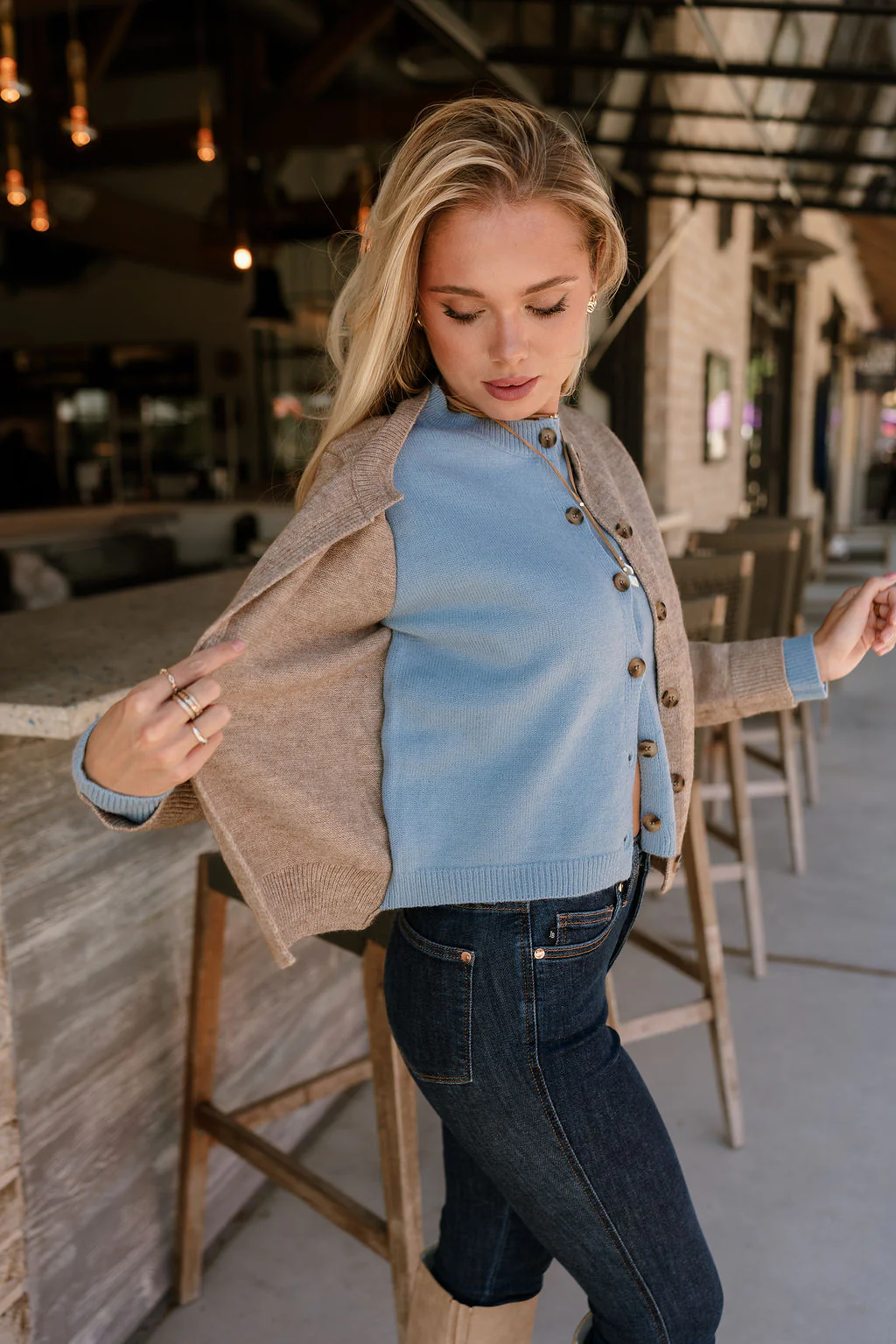 Lauren Beige & Light Blue Button-Up Cardigan - Image 3