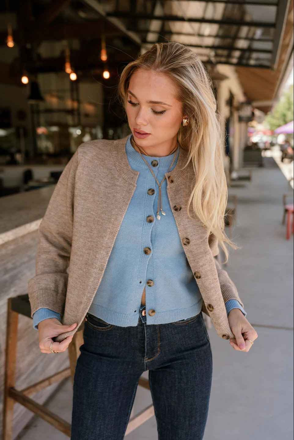 Lauren Beige & Light Blue Button-Up Cardigan - Image 5