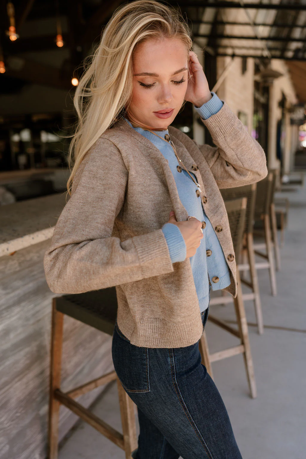 Lauren Beige & Light Blue Button-Up Cardigan - Image 7