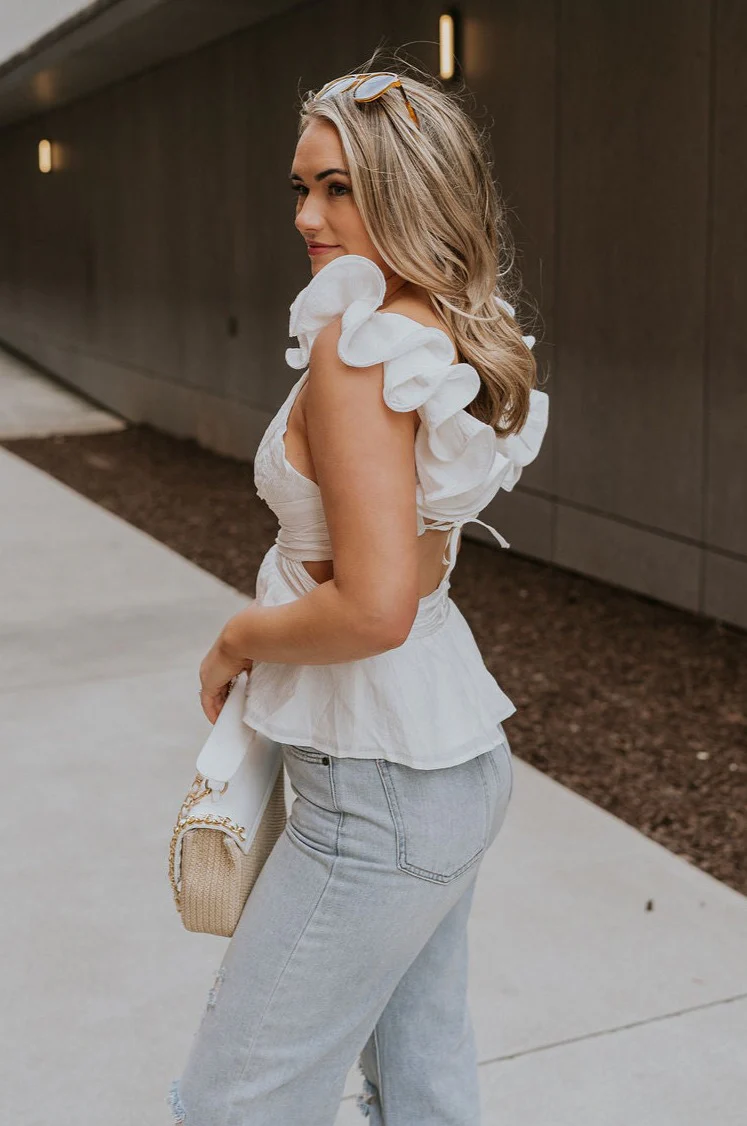 Lauren White Ruffle Plunge Neckline Tank - Image 3