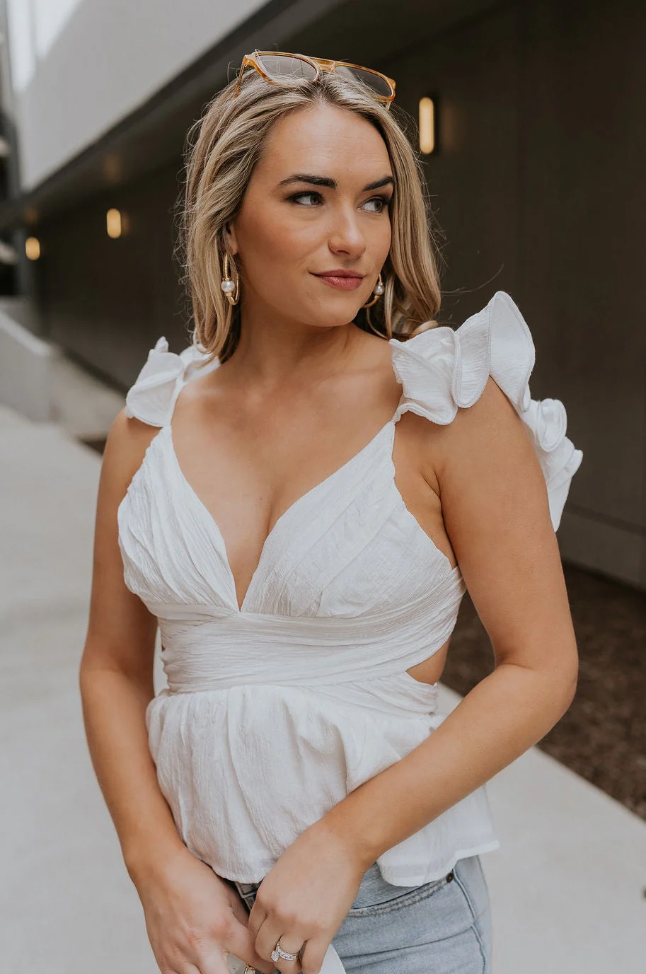 Lauren White Ruffle Plunge Neckline Tank - Image 5