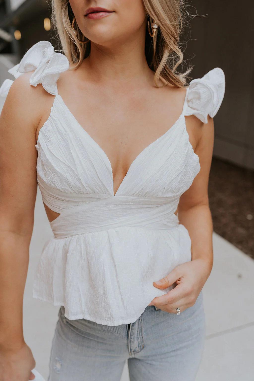 Lauren White Ruffle Plunge Neckline Tank - Image 6