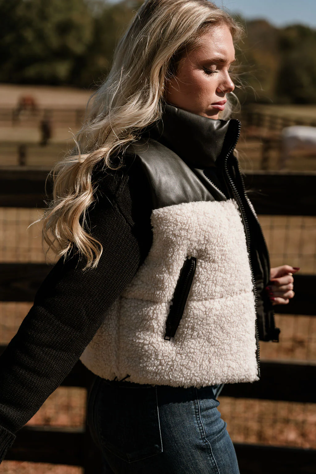Layla Cream Shearling & Black Faux Leather Vest - Image 3