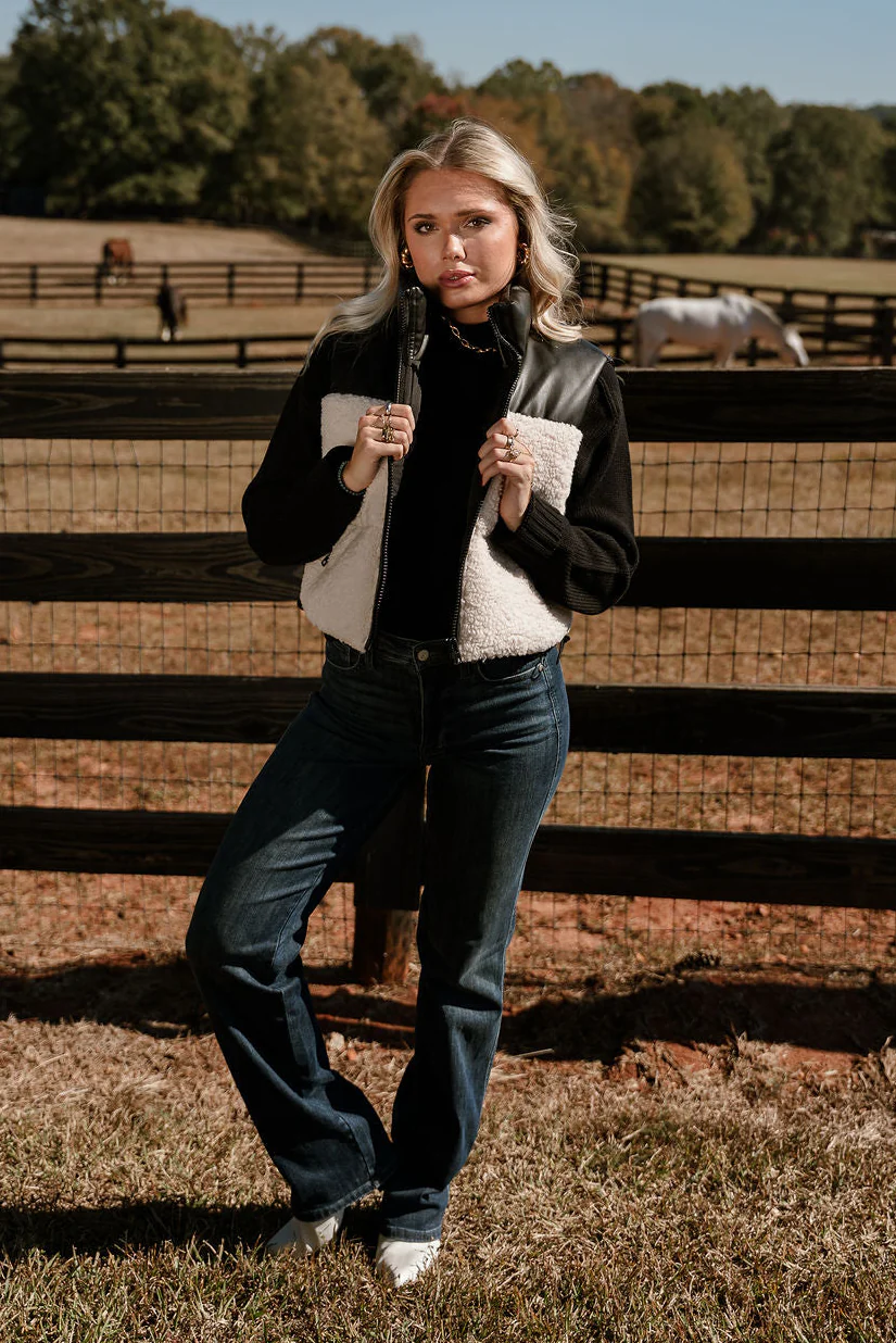 Layla Cream Shearling & Black Faux Leather Vest - Image 5