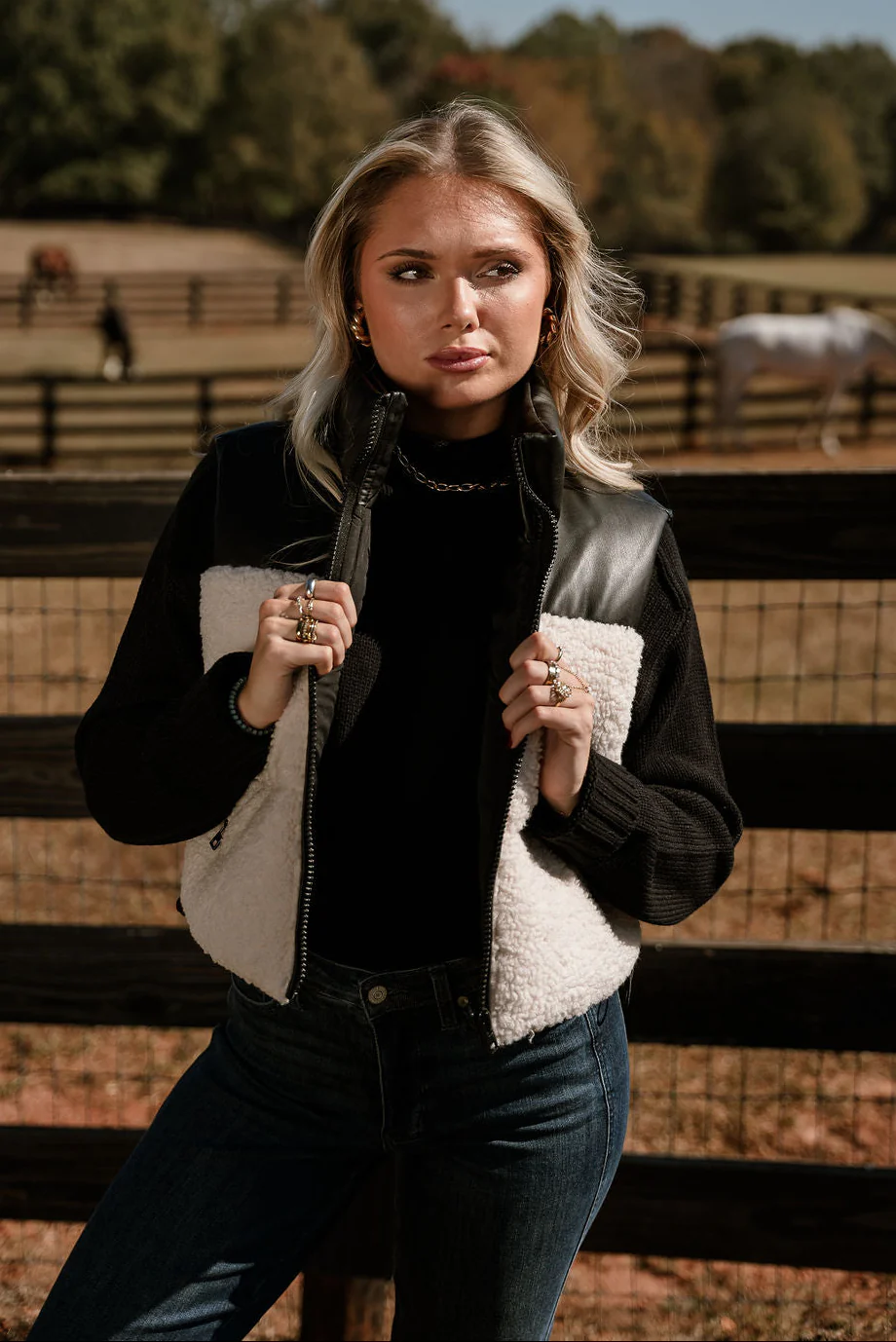 Layla Cream Shearling & Black Faux Leather Vest - Image 6