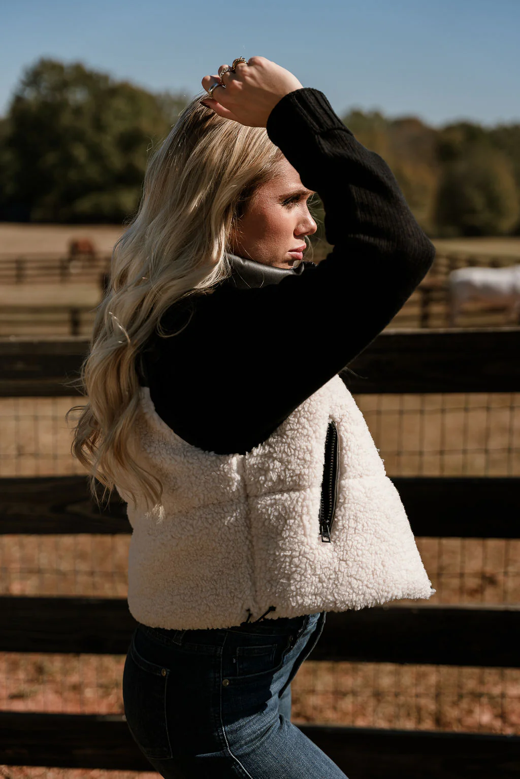 Layla Cream Shearling & Black Faux Leather Vest - Image 7
