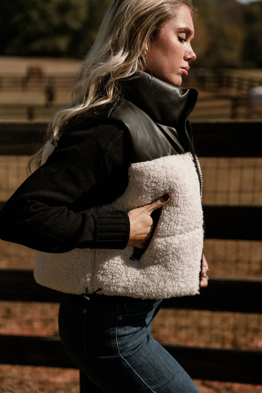Layla Cream Shearling & Black Faux Leather Vest - Image 8