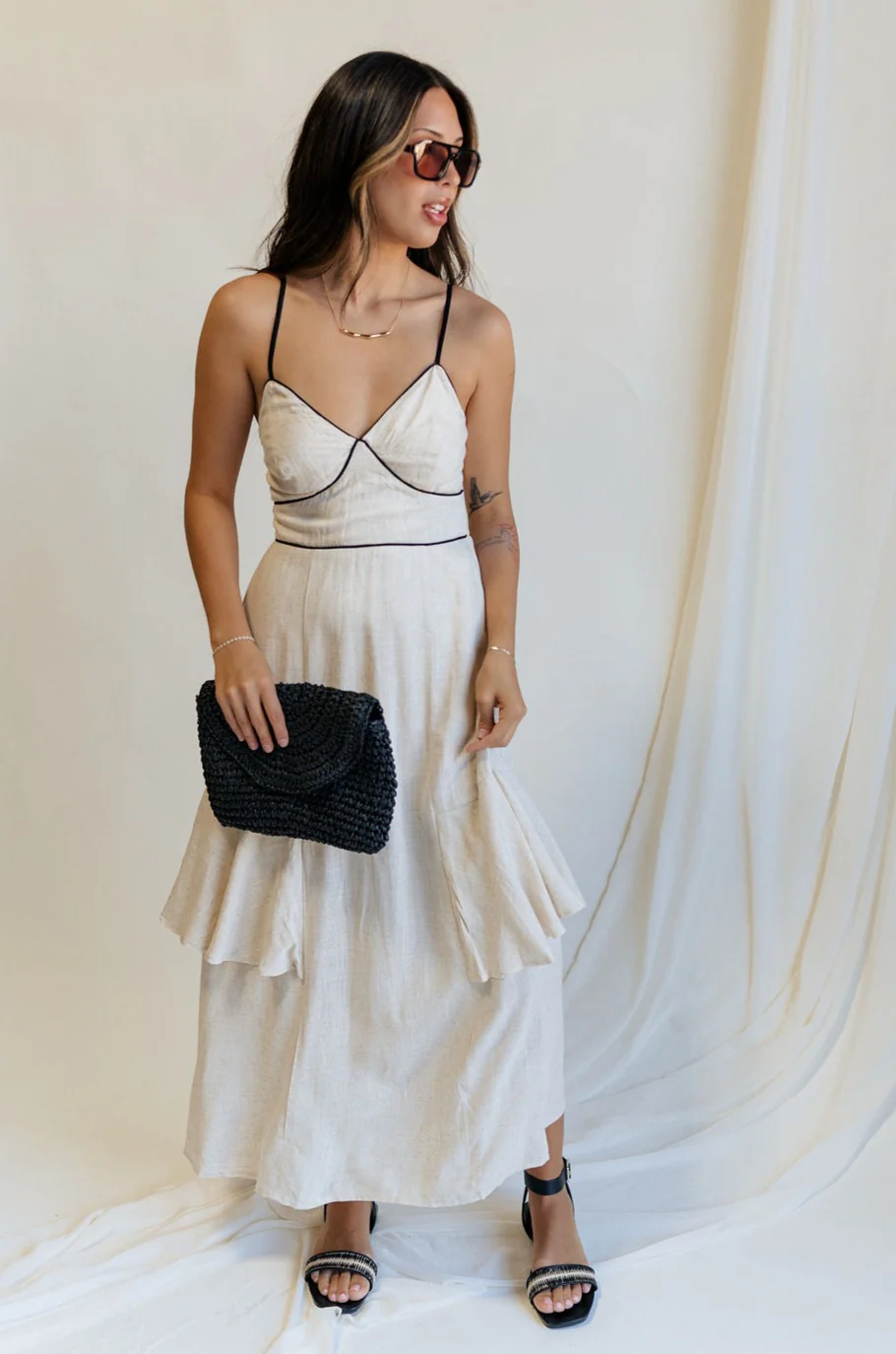 Layla Oatmeal & Black Trim Midi Dress