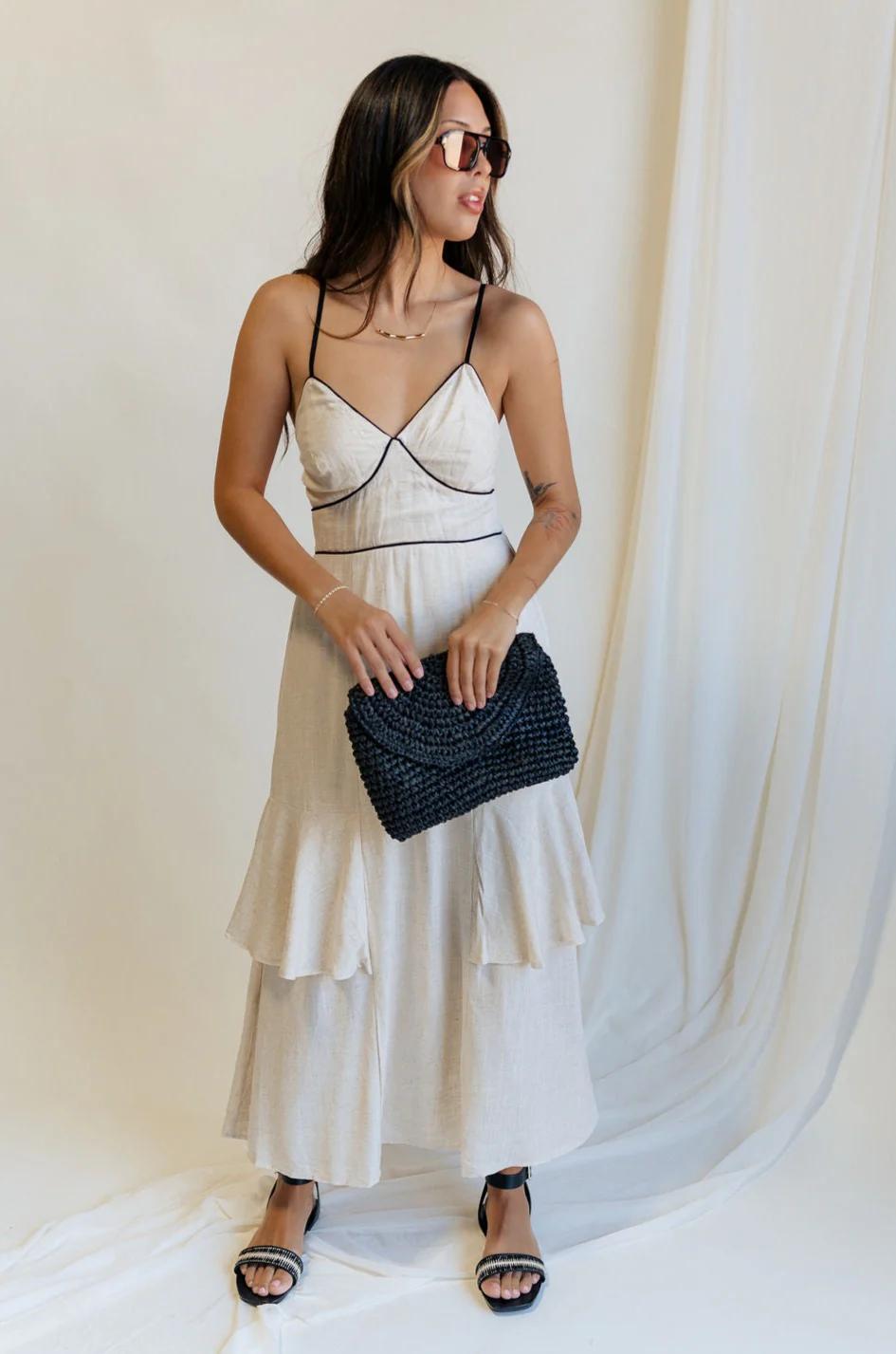 Layla Oatmeal & Black Trim Midi Dress - Image 7