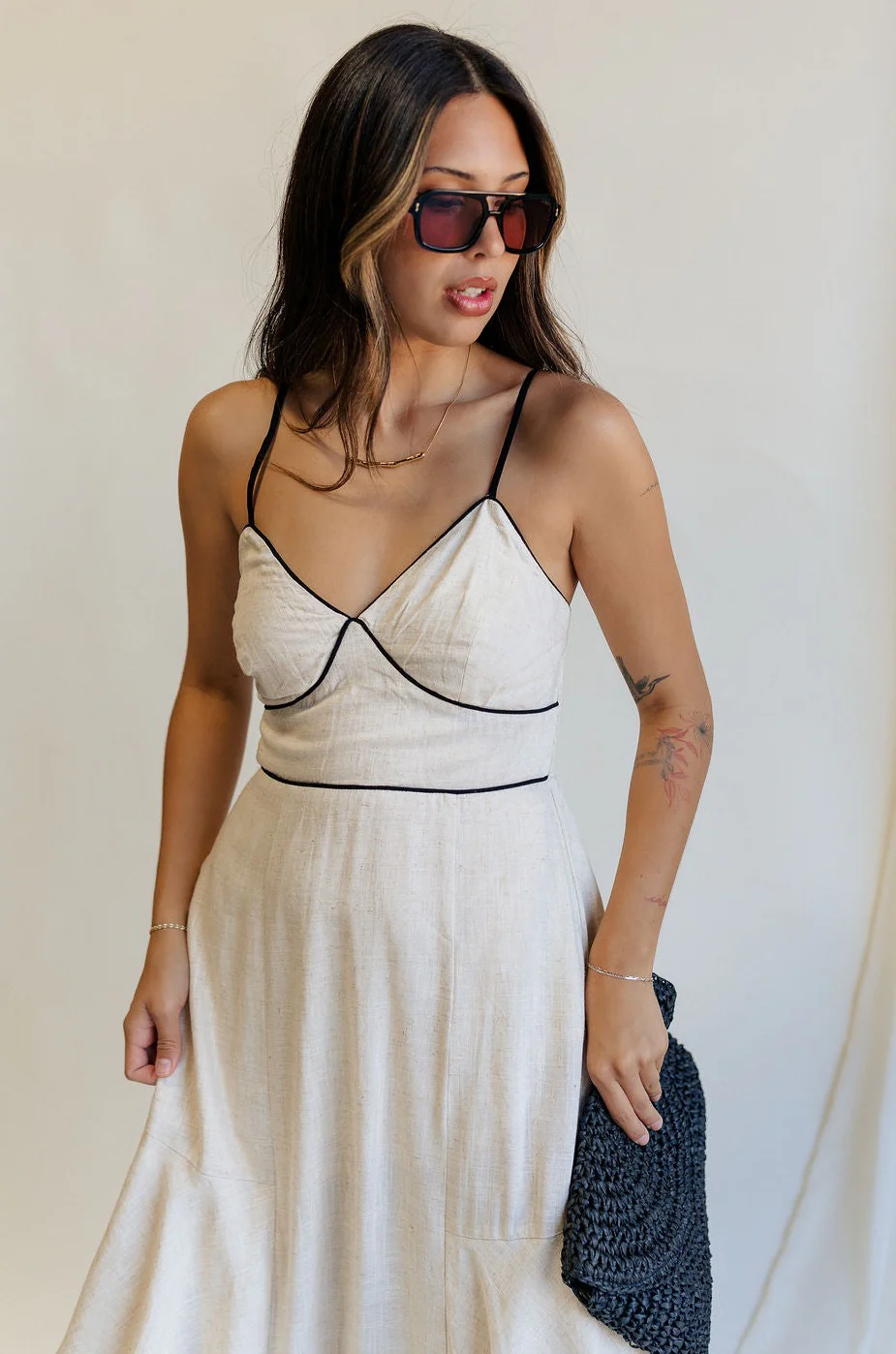 Layla Oatmeal & Black Trim Midi Dress - Image 8