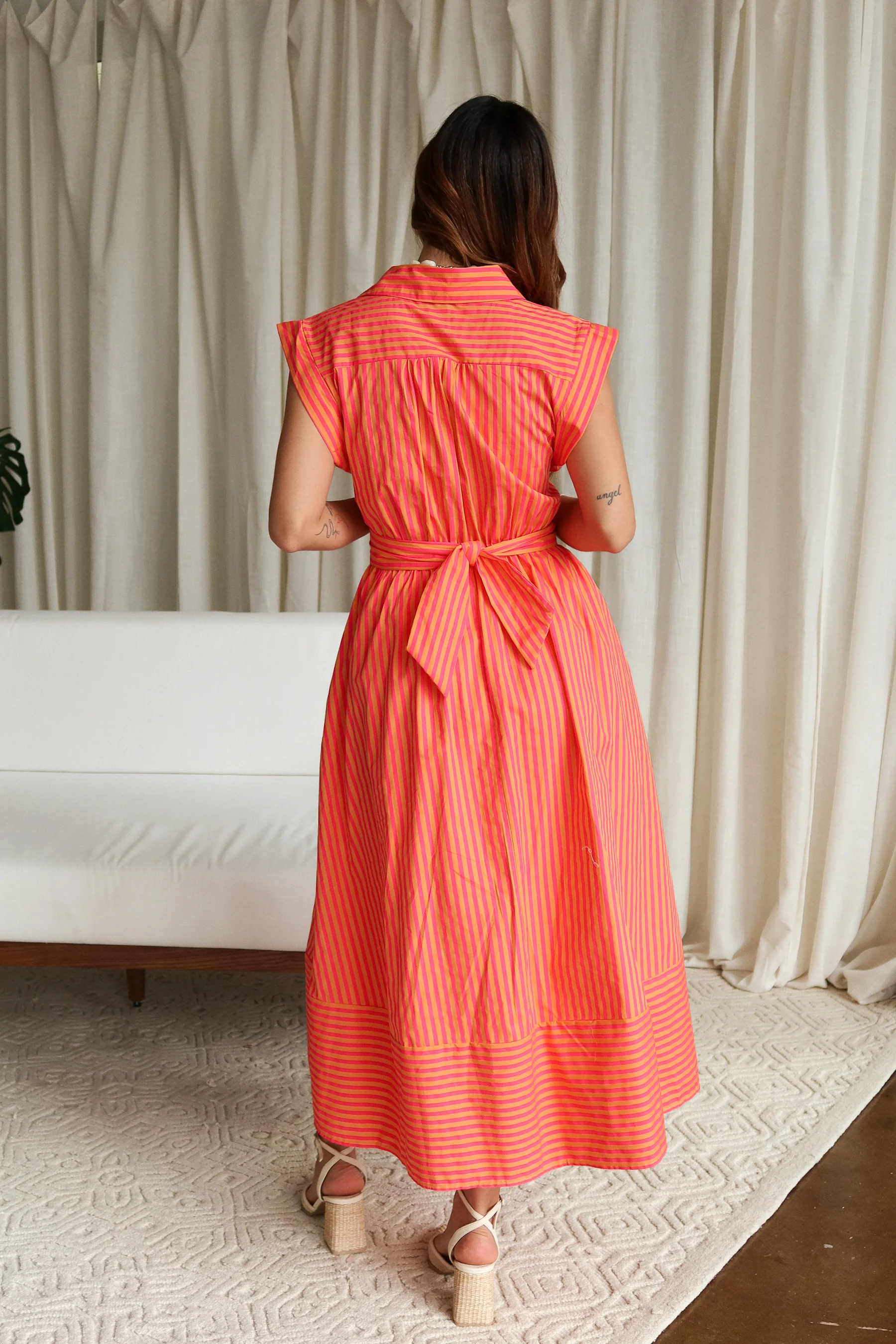 Layla Orange & Pink Stripe Midi Dress - Image 4