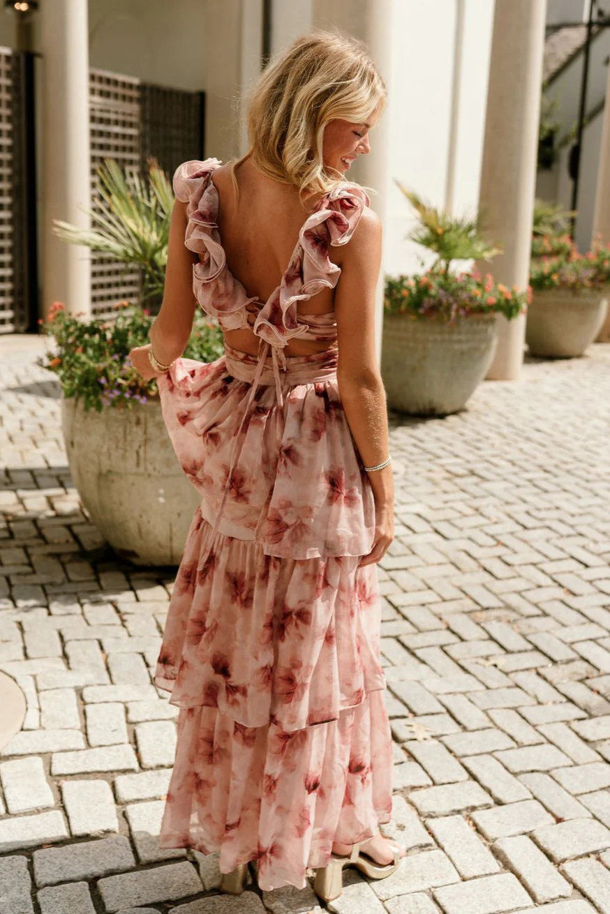 Kamryn Pink & Burgundy Floral Ruffle Maxi Dress - Image 10