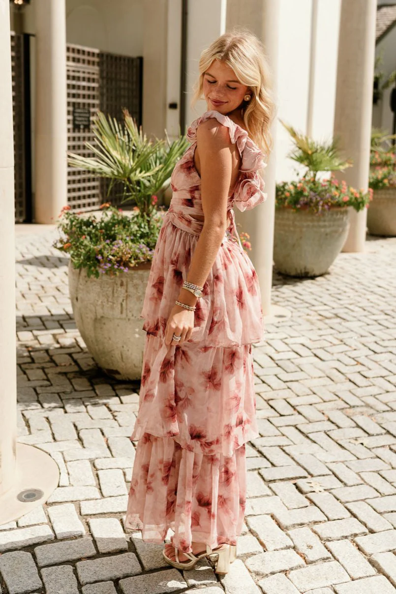 Kamryn Pink & Burgundy Floral Ruffle Maxi Dress - Image 8