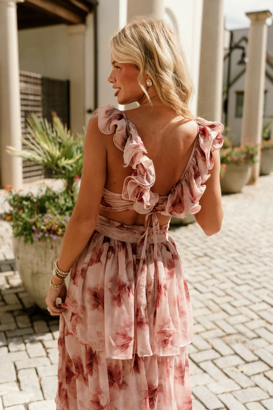 Kamryn Pink & Burgundy Floral Ruffle Maxi Dress - Image 9