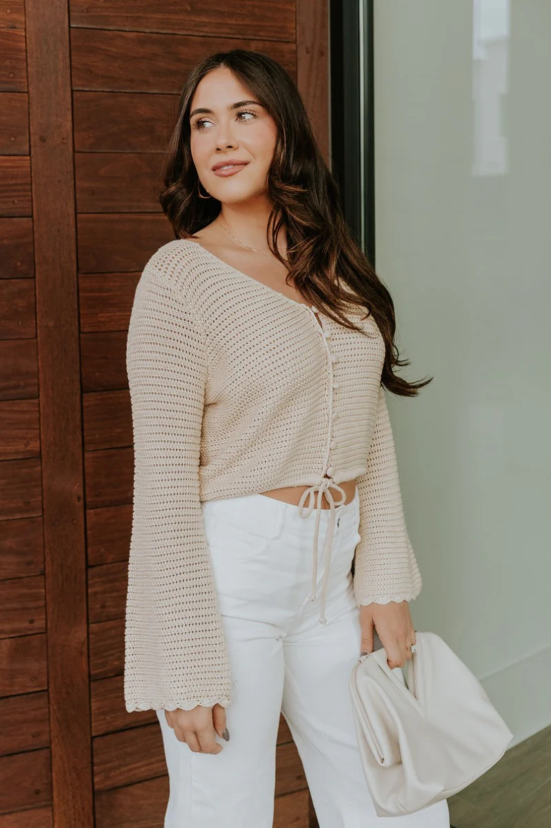 Leah Beige Crochet Tight Knit Buttoned Top