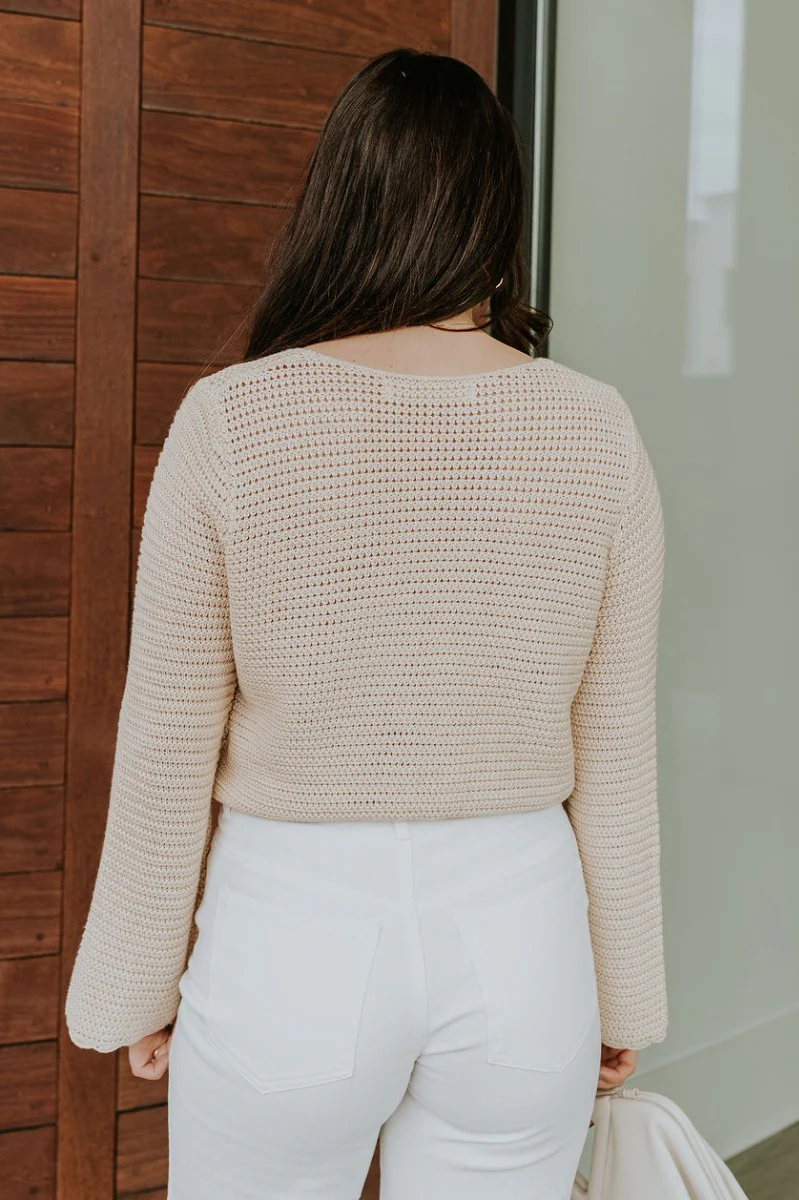 Leah Beige Crochet Tight Knit Buttoned Top - Image 10