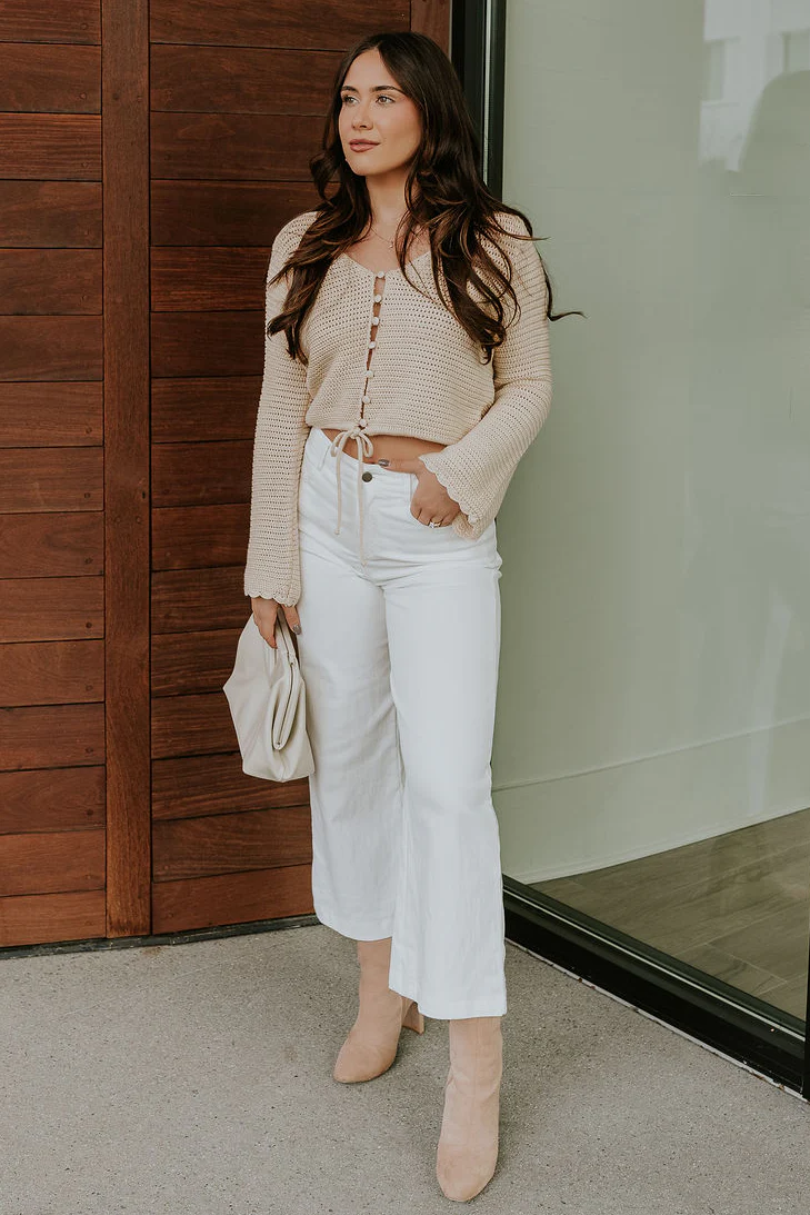 Leah Beige Crochet Tight Knit Buttoned Top - Image 3