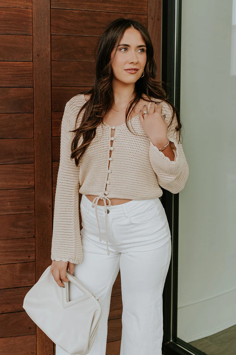 Leah Beige Crochet Tight Knit Buttoned Top - Image 4
