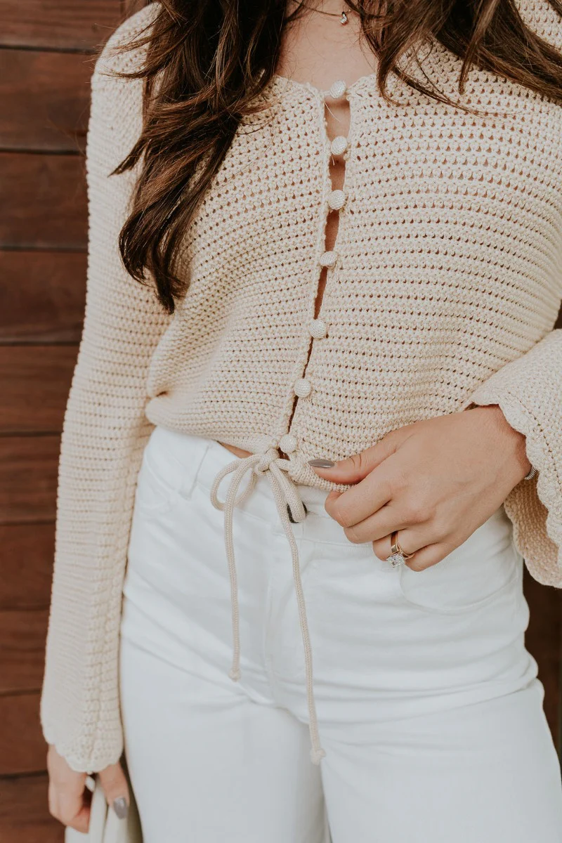 Leah Beige Crochet Tight Knit Buttoned Top - Image 6