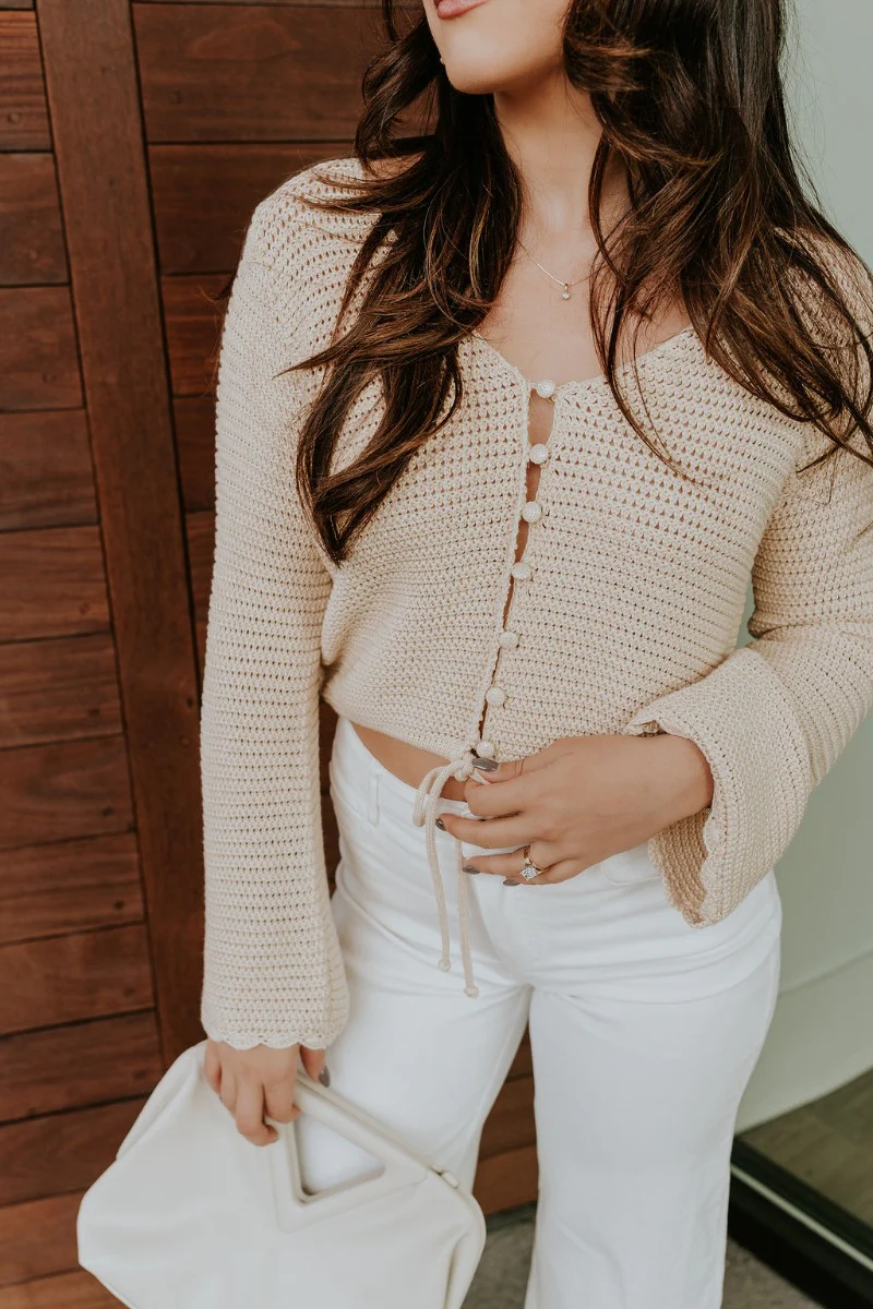 Leah Beige Crochet Tight Knit Buttoned Top - Image 7