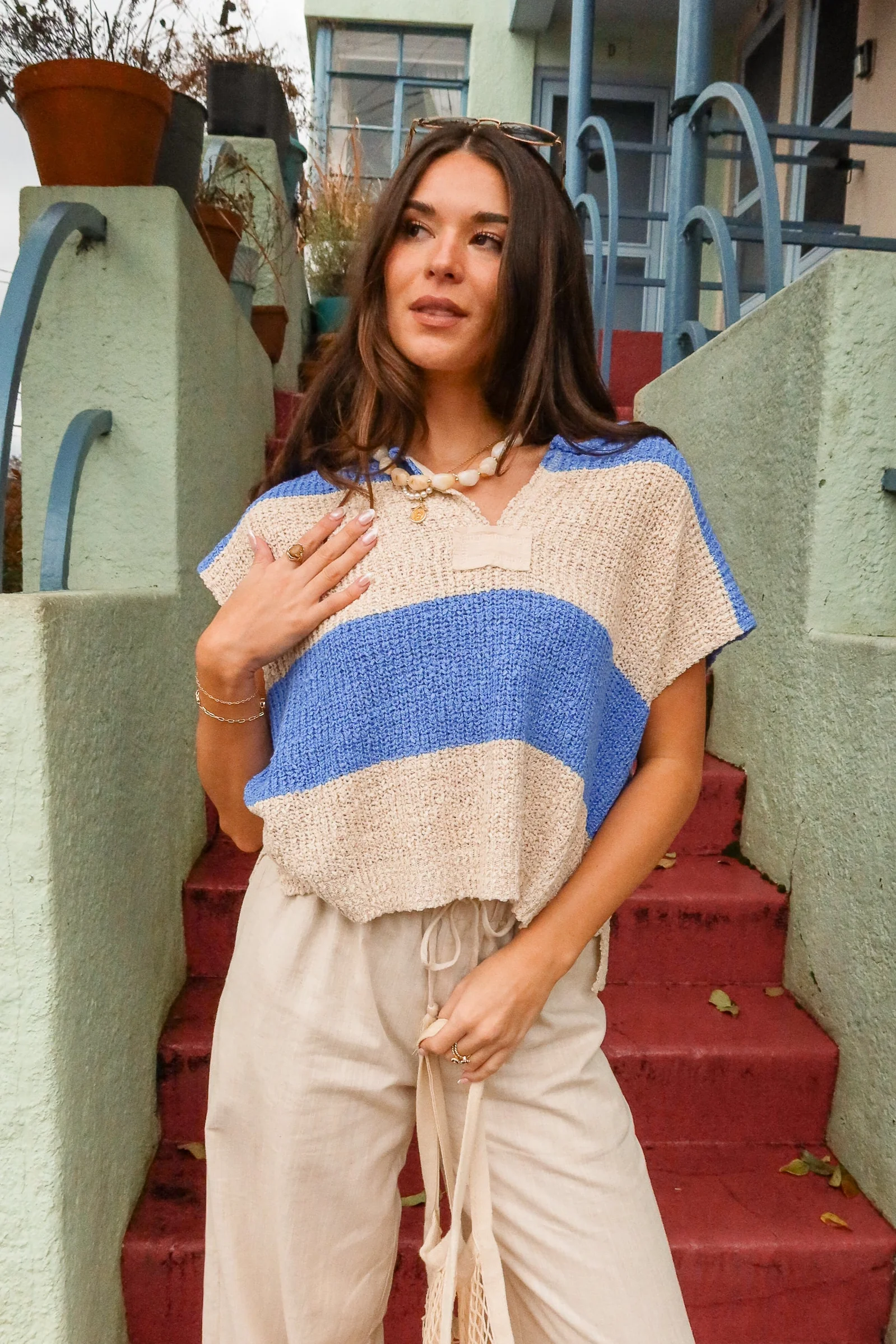 Leah Blue & Natural Striped Sleeveless Sweater - Image 2